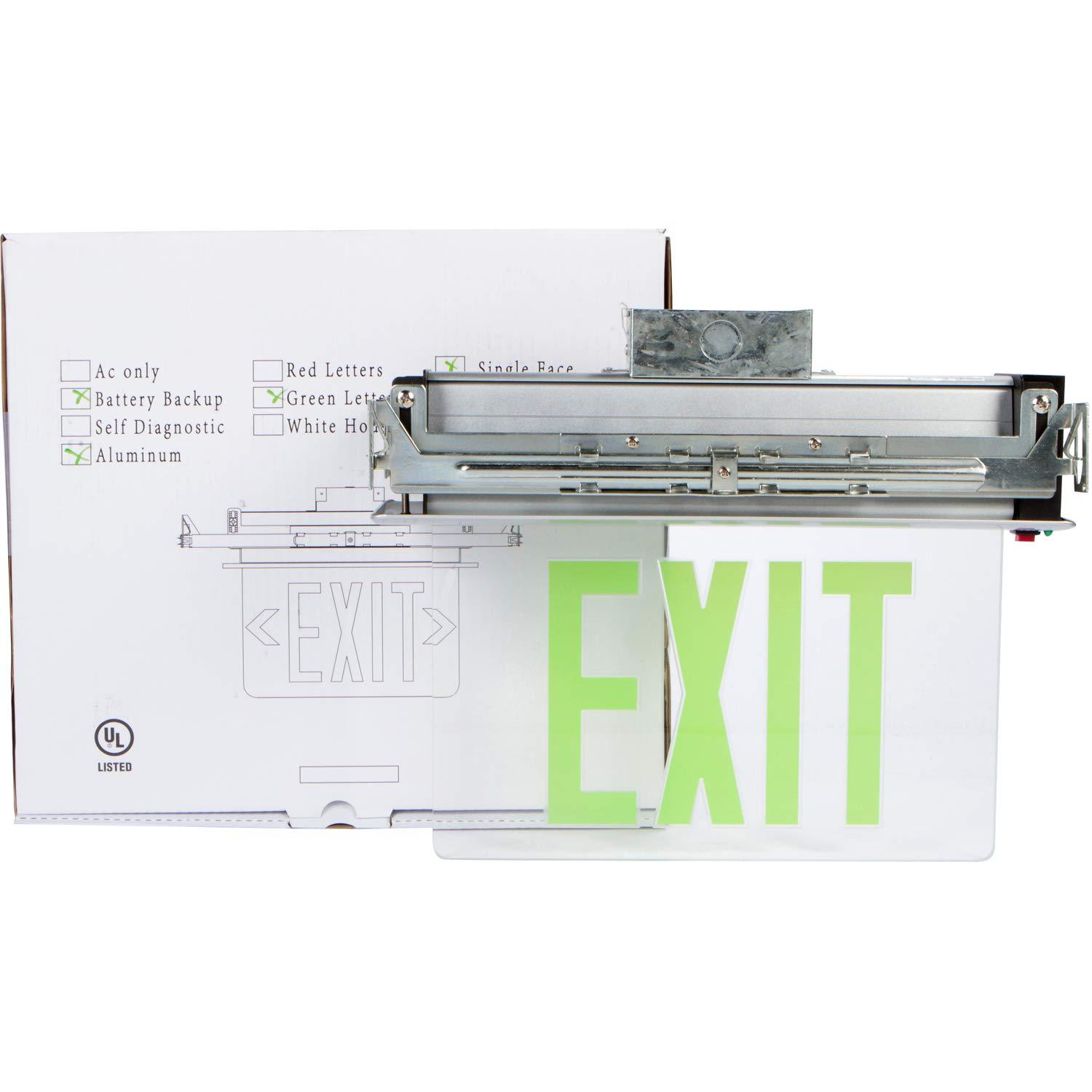 Recessed Mount Edge Lit LED Exit Signs Green on Clear Panel Aluminum Housing