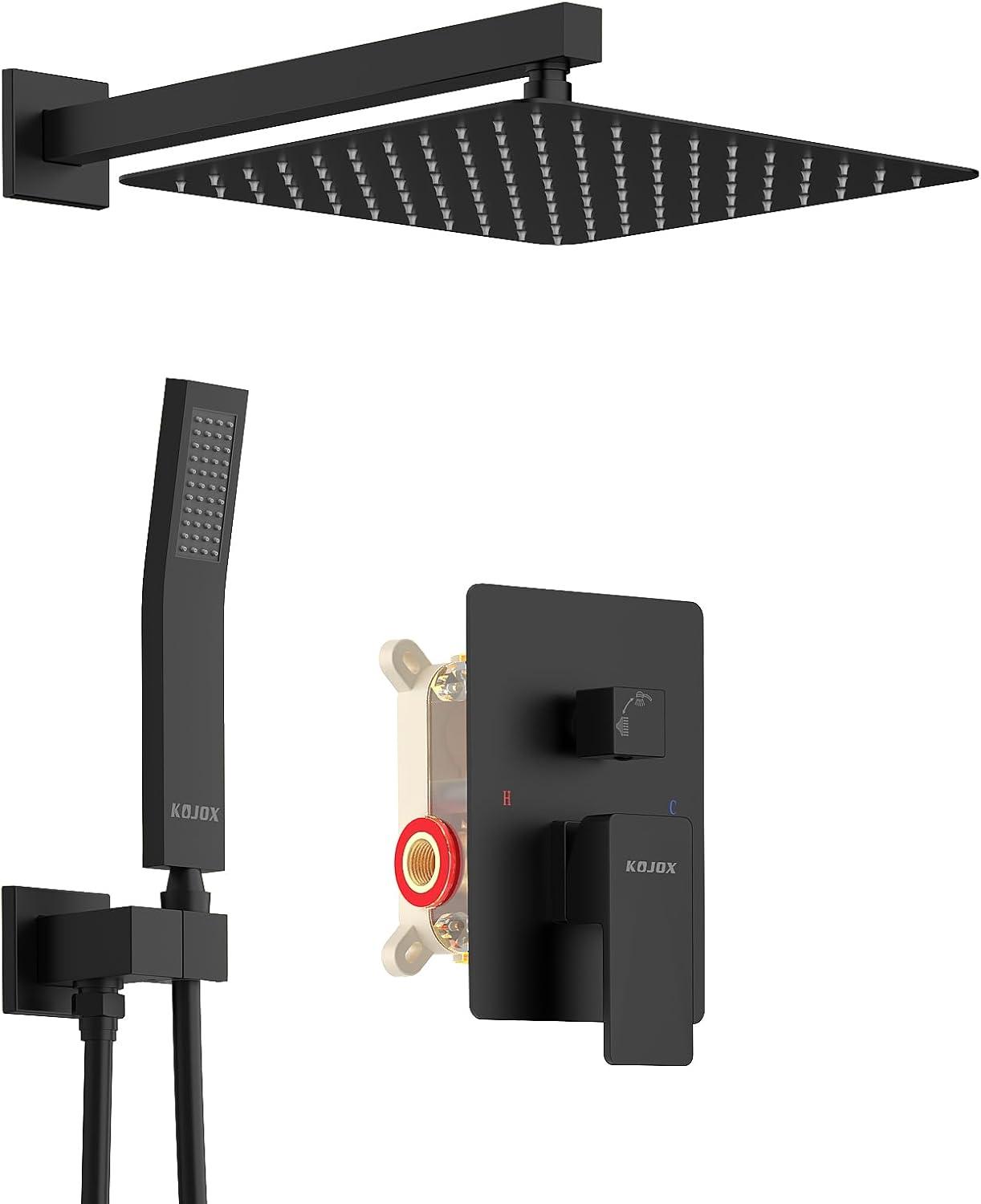12" Black Rain Shower System With Handheld, Mixer Combo Set, Wall Mounted Faucet & Trim Kit