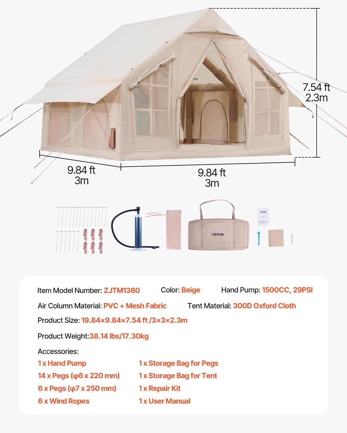 VEVOR Inflatable Tents for Camping, 4-6 Person Easy Setup Blow up Tent with Hand Pump,300D Oxford 4 Season Glamping Tent with Stove Jack 2 Doors & 4 Mesh Windows,Storage Bag Included for Easy Taking