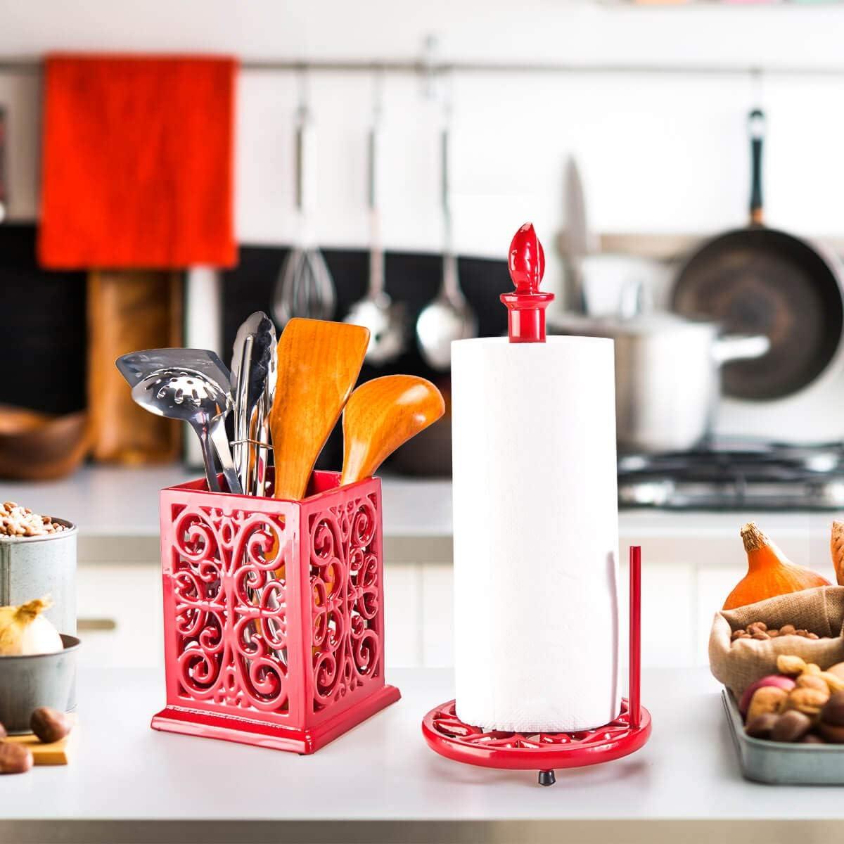 JOGREFUL Paper Towel Holder Stand, Cast Iron Kitchen Paper Towel Countertop Vintage Stand with Weighted-Base, Bathroom Organization for Family Standard Large Size Roll Paper, Mistletoe Base, Red