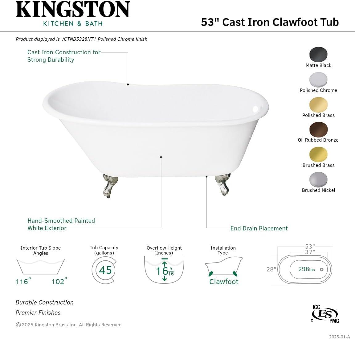 Kingston Brass Aqua Eden 53-Inch Cast Iron Oval Single Slipper Clawfoot Tub (No Faucet Drillings)