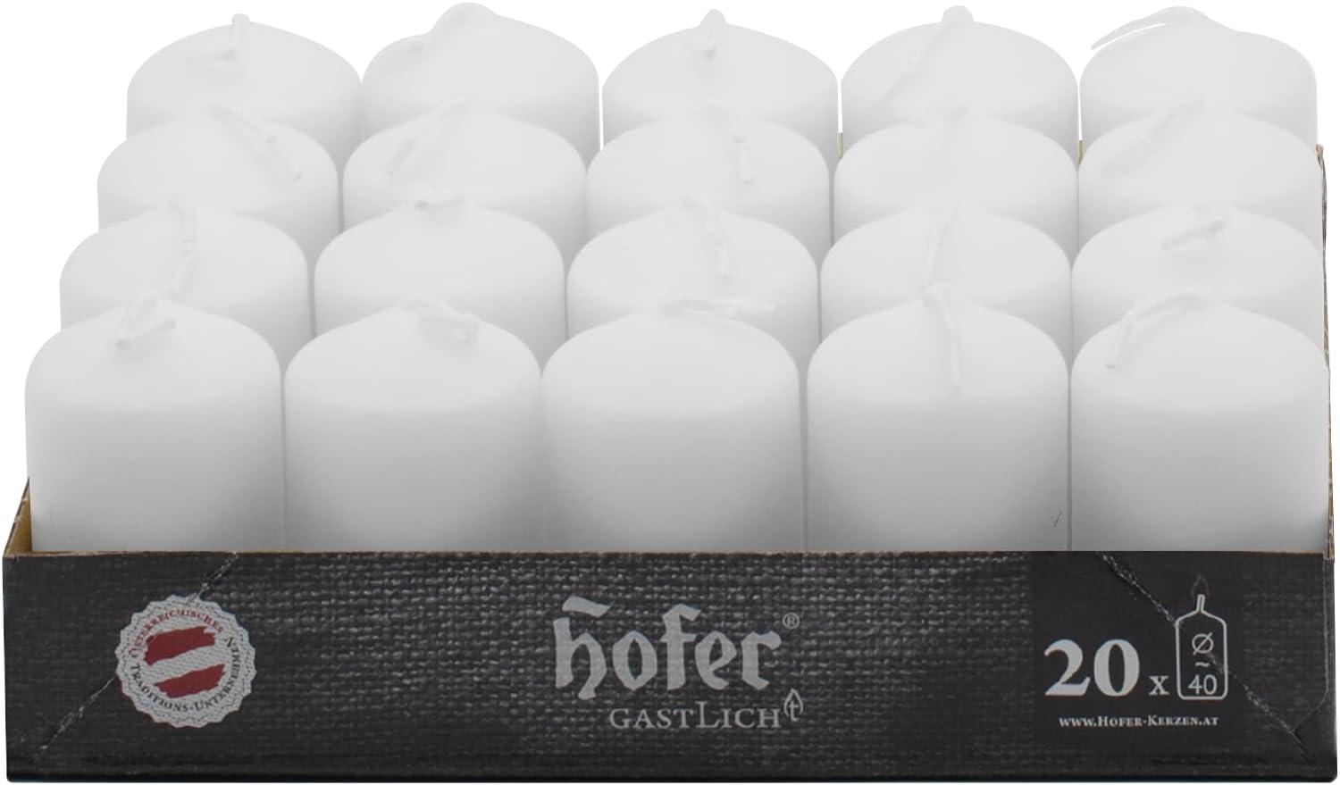 Hofer White Pillar Candles - Set of 20 Unscented Small Candles in Bulk - 1.57 x 2.76 Inch - 11 Hours Long Burning Decorative Candles - Dripless Wax - Smokeless Wick - RAL Quality - Made in Austria