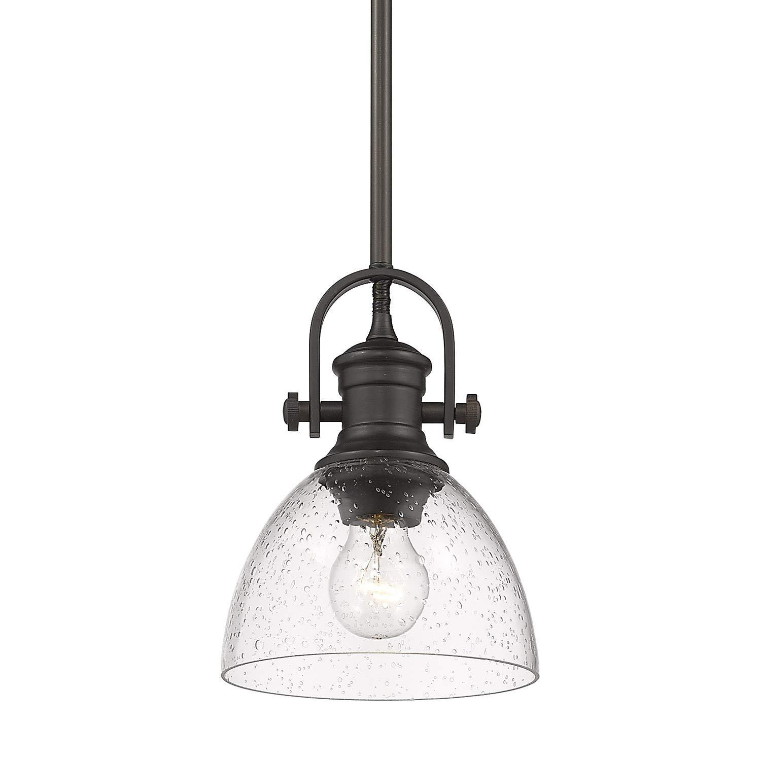 Golden Lighting Hines 1-Light Mini Pendant in Rubbed Bronze with Seeded Glass