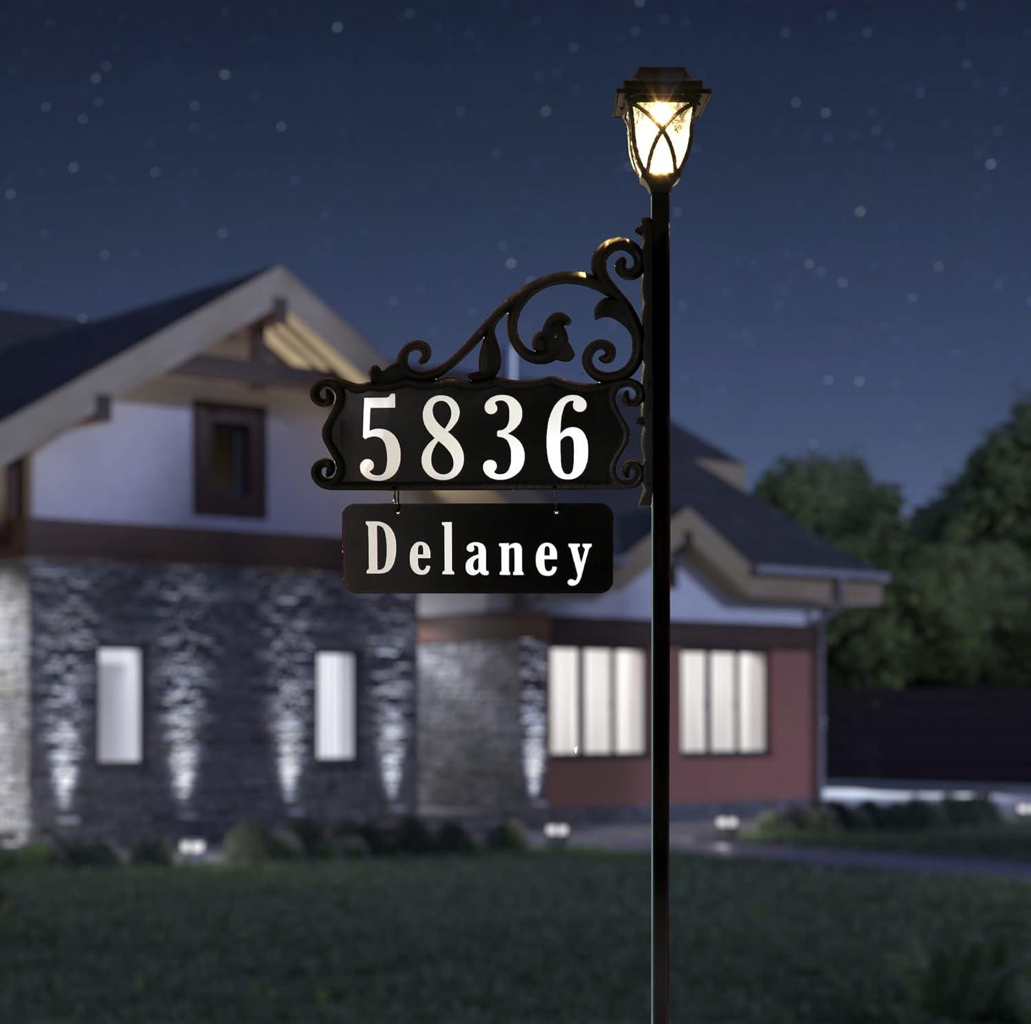 Address America Double-Sided Reflective Boardwalk Lawn Address Sign With Name Rider And LED Solar Light on 58" Pole