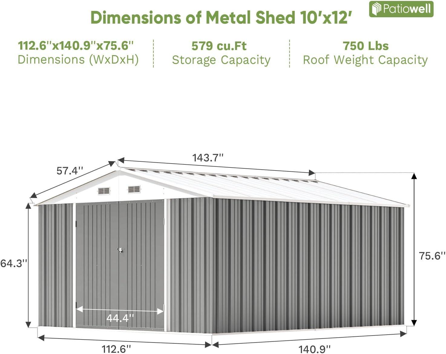 Patiowell 12'x10' Outdoor Storage Shed with Design of Double Lockable Doors Roof ,Utility Storage, Gray