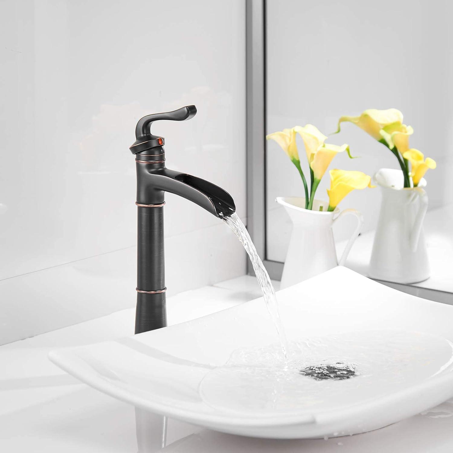 Vessel Sink Faucet Oil Rubbed Bronze Bathroom Faucet Waterfall Farmhouse Single Hole Single Handle for Sink Lavatory Faucets with Pop Up Drain Without Overflow Supply Line