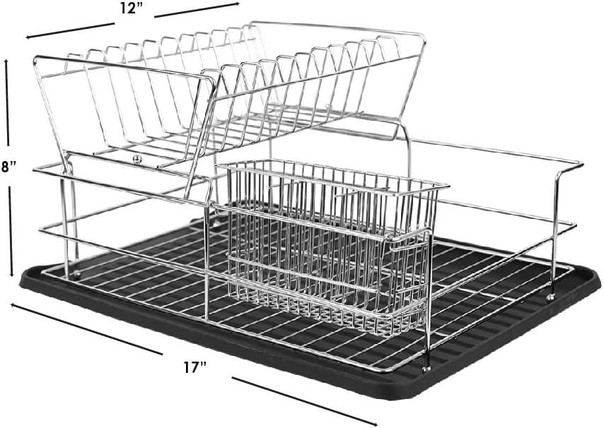 Black Metal 2-Tier Dish Rack with Utensil Cup