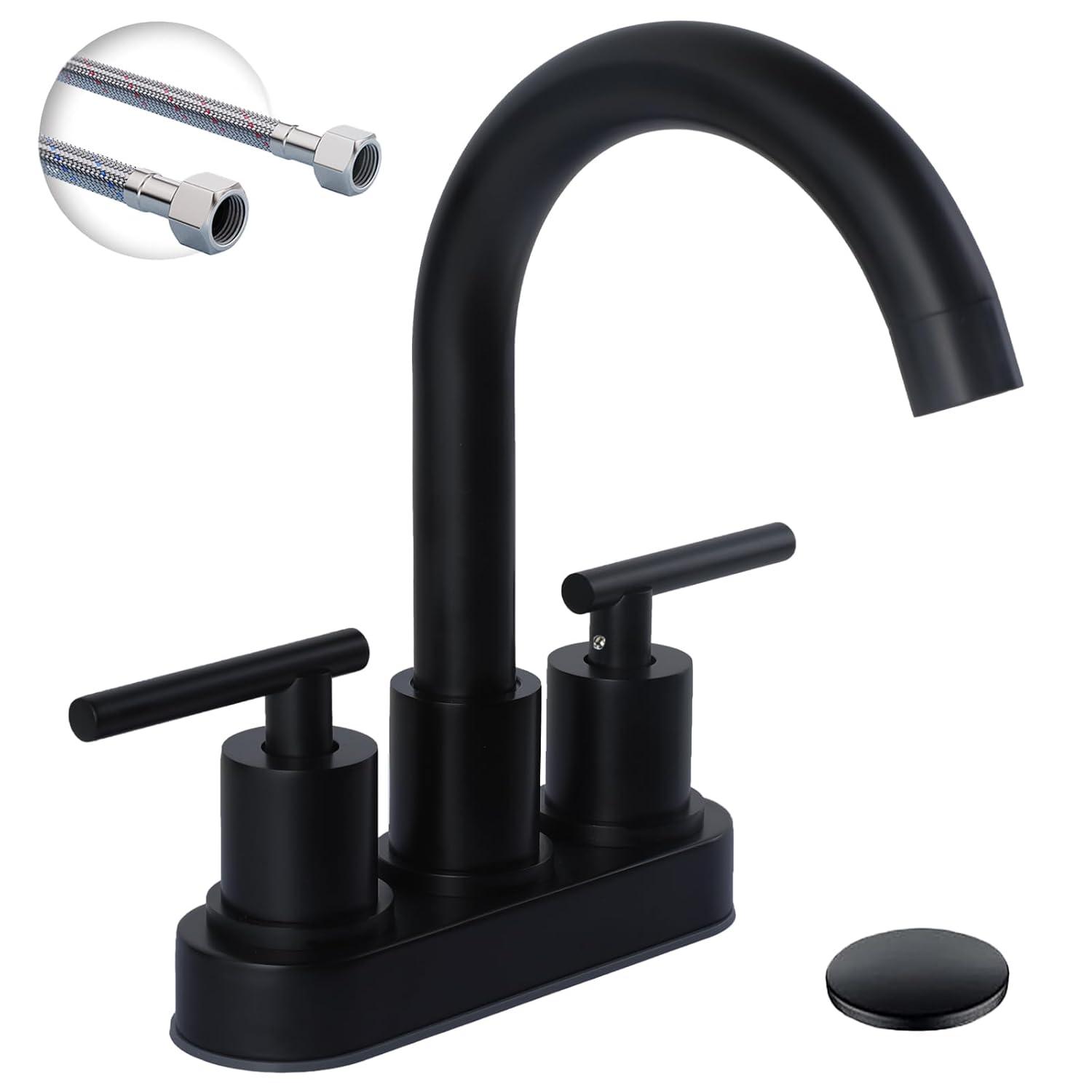 Brushed Nickel Bathroom Faucet, 2-Handle Lead-Free 360° Swivel High-Arc Spout 4 Inch Centerset Bath Lavatory Vanity Sink Faucets Set for Sinks with Drain & Water Hoses, VABM80008L