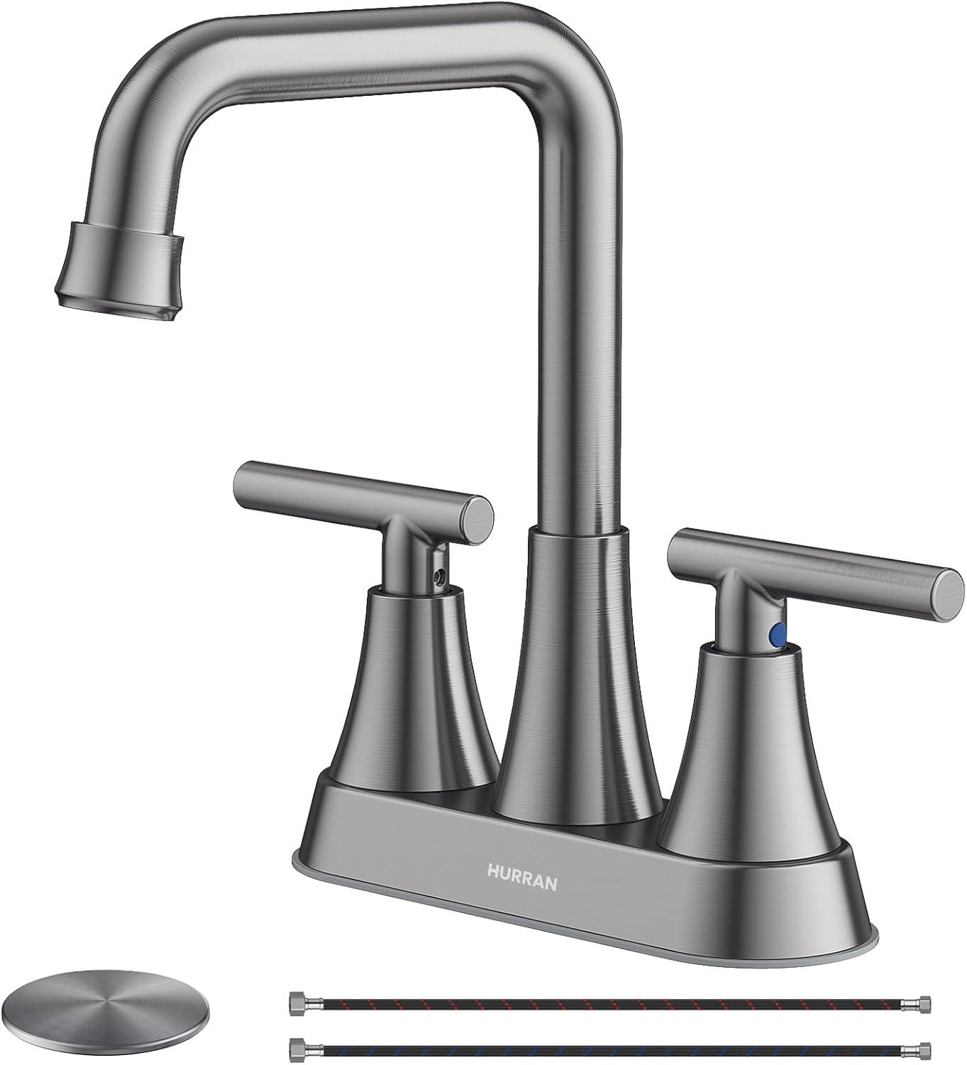 4 Inch Bathroom Faucets for Sink 3 Hole, Faucet for Bathroom Sink with Pop-up Drain & Supply Hoses, 2-Handle 360 Swivel Spout Stainless Steel Lead-Free, Centerset Faucet for Vanity Lavatory