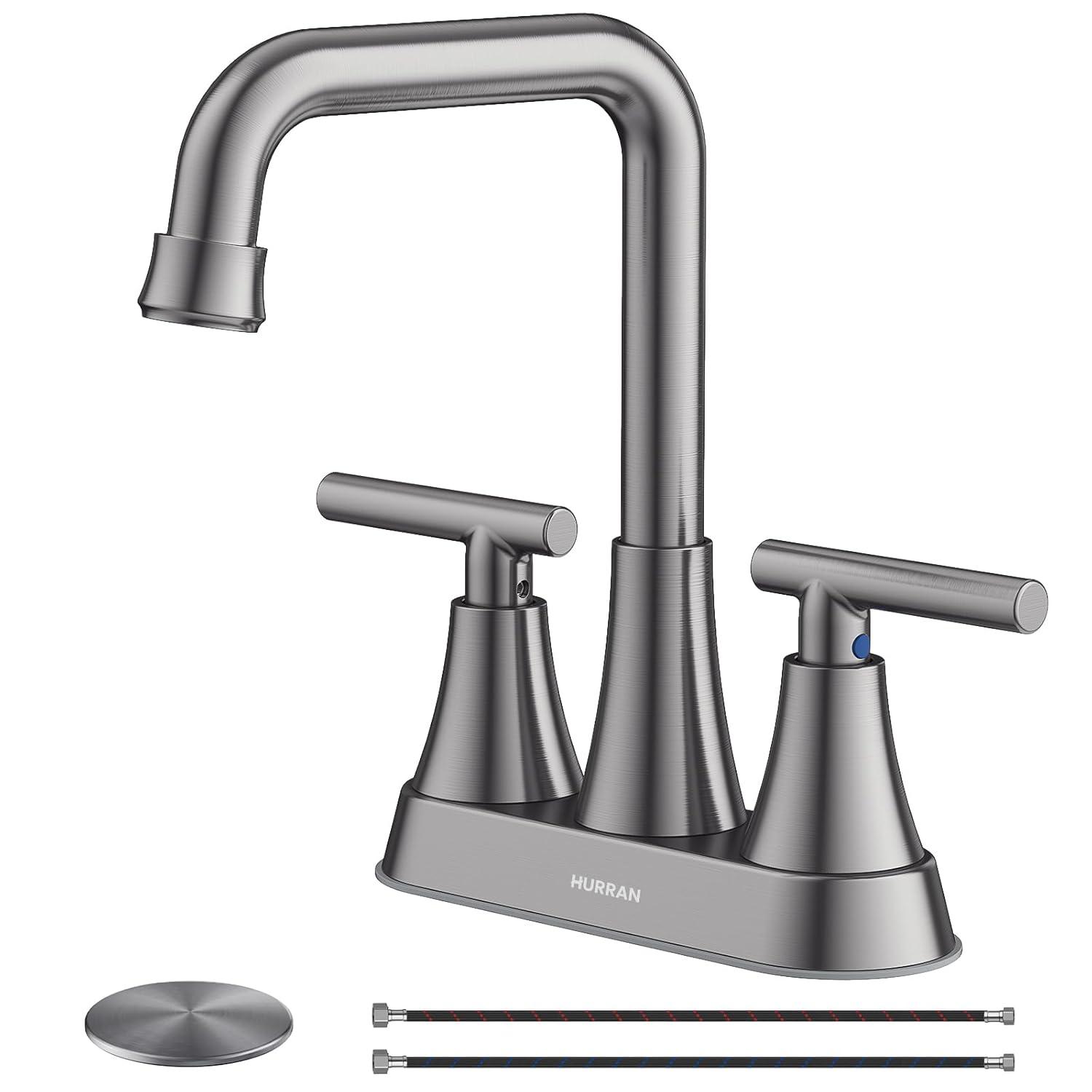 4 Inch Bathroom Faucets for Sink 3 Hole, Faucet for Bathroom Sink with Pop-up Drain & Supply Hoses, 2-Handle 360 Swivel Spout Stainless Steel Lead-Free, Centerset Faucet for Vanity Lavatory