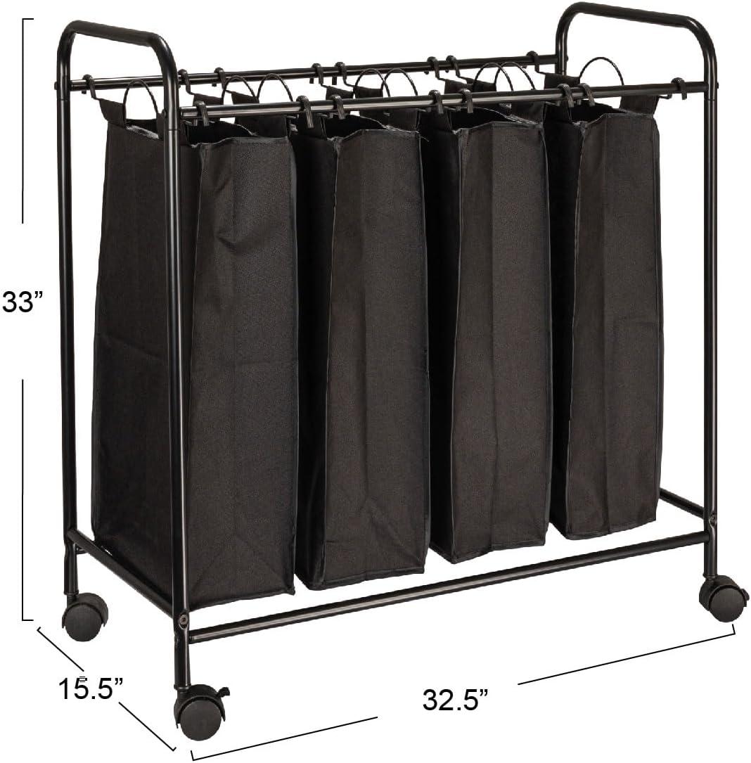 Rolling Laundry Sorter, 4 Bag Laundry Sorter Cart with Washable and Removable Bags, Black