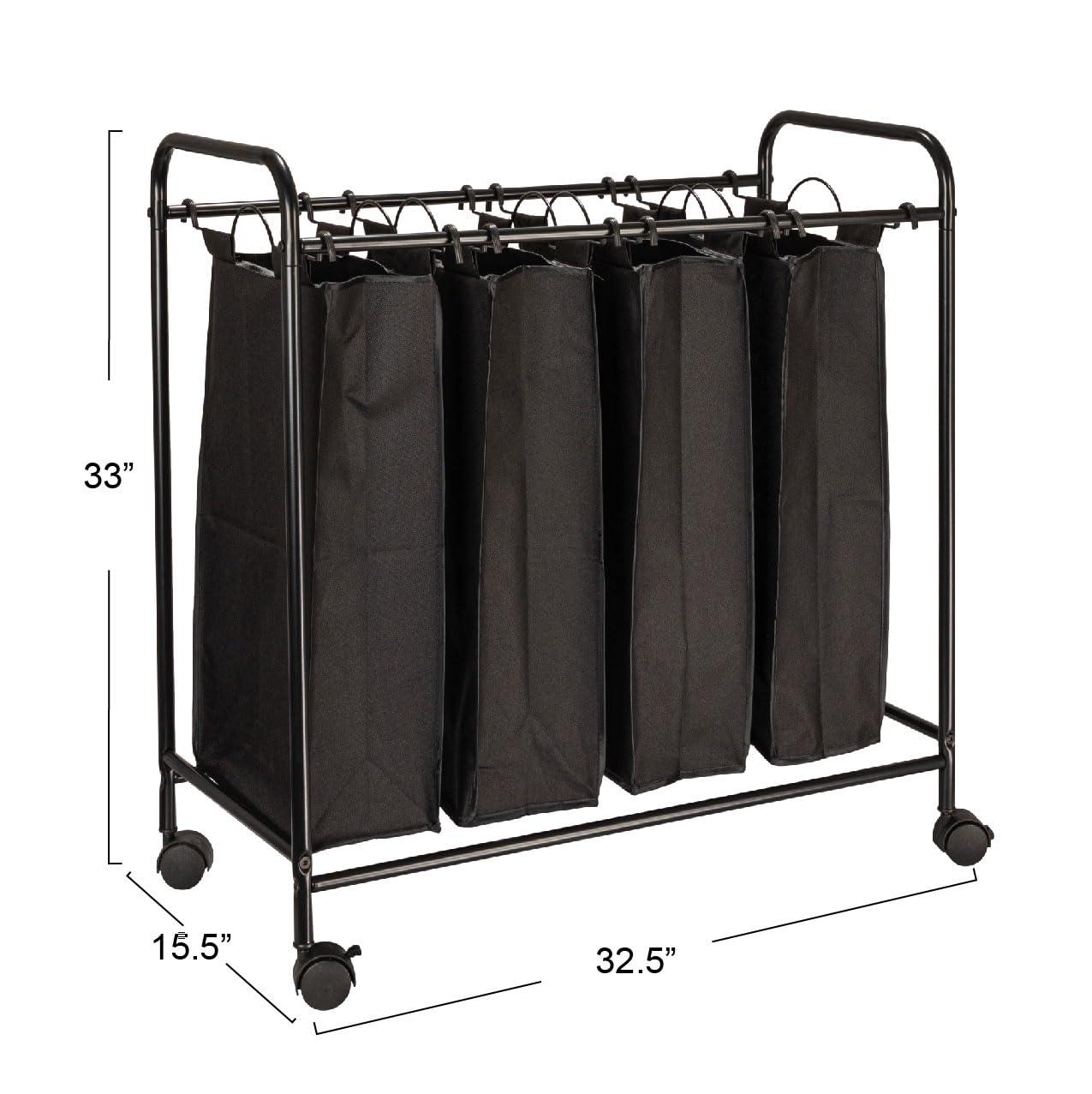 Rolling Laundry Sorter, 4 Bag Laundry Sorter Cart with Washable and Removable Bags, Black