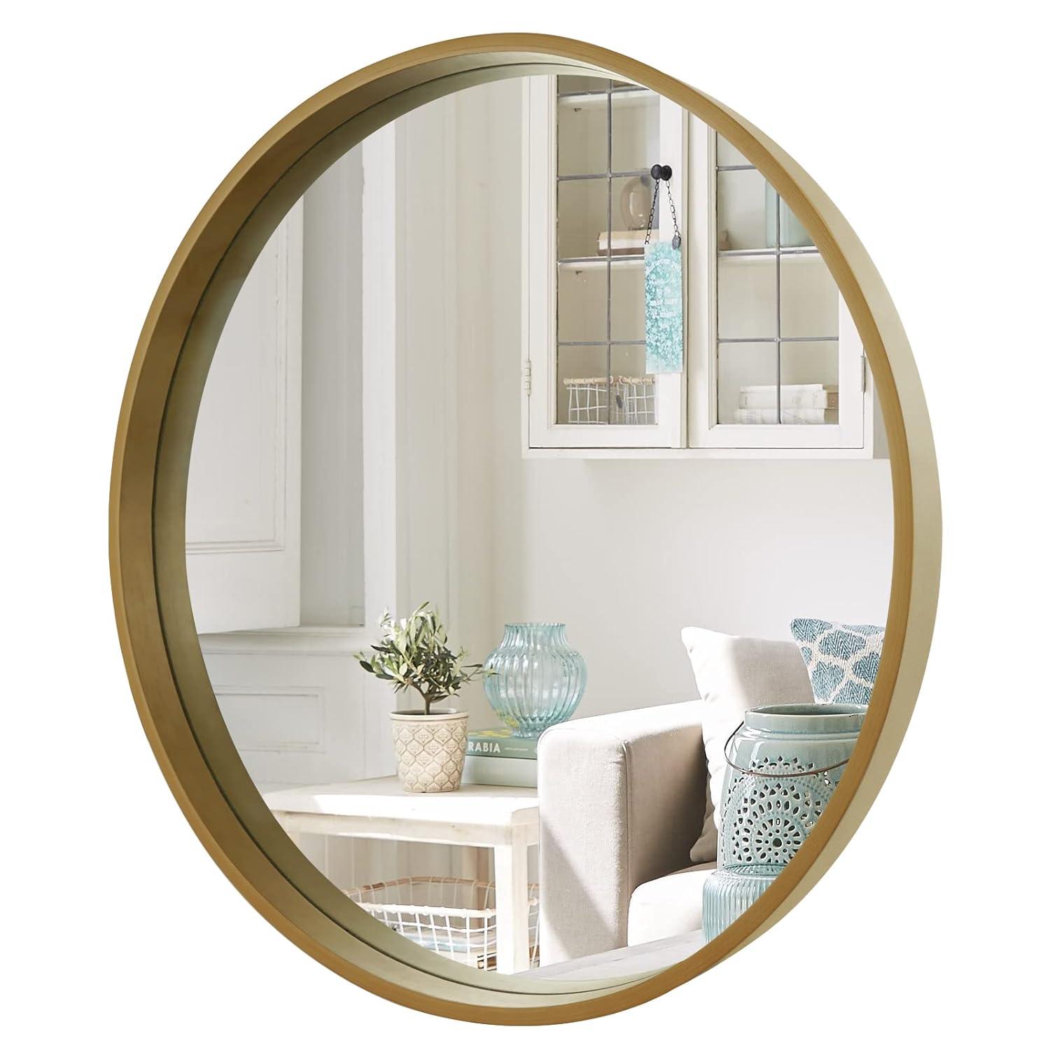 28" Wood Round Mirror Natural - WallBeyond: Pine Frame, 27" Diameter, Modern Decor, Wall Mount