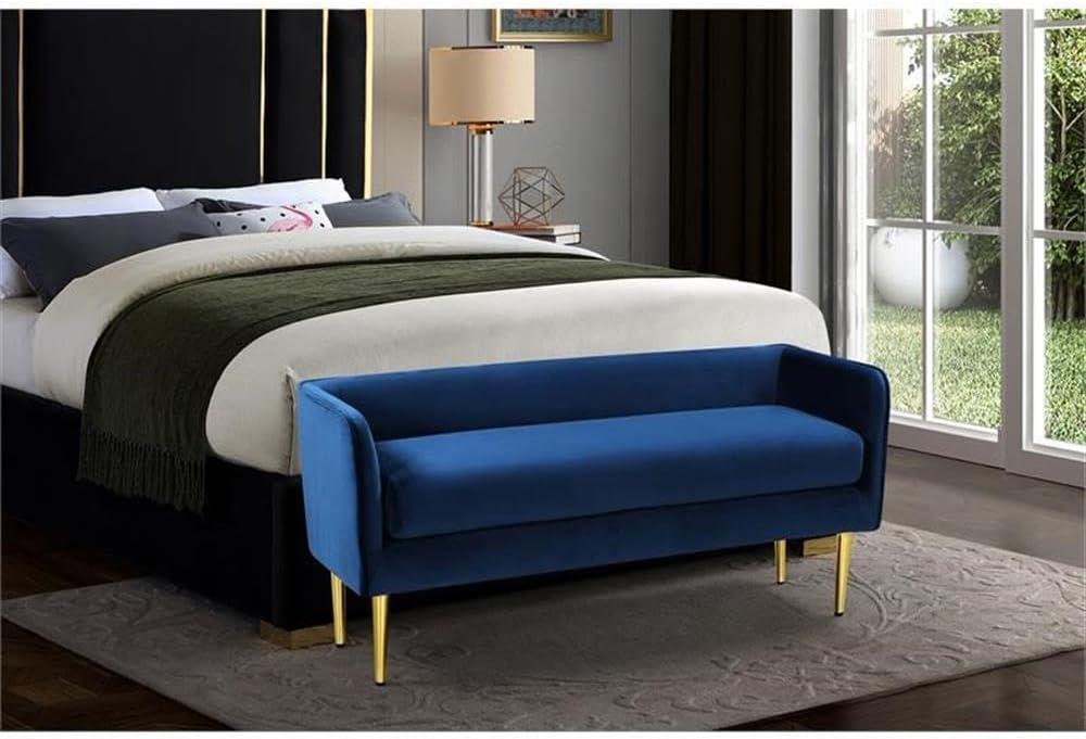 Audrey Navy Velvet Upholstered Bench with Gold Metal Legs, 52" W