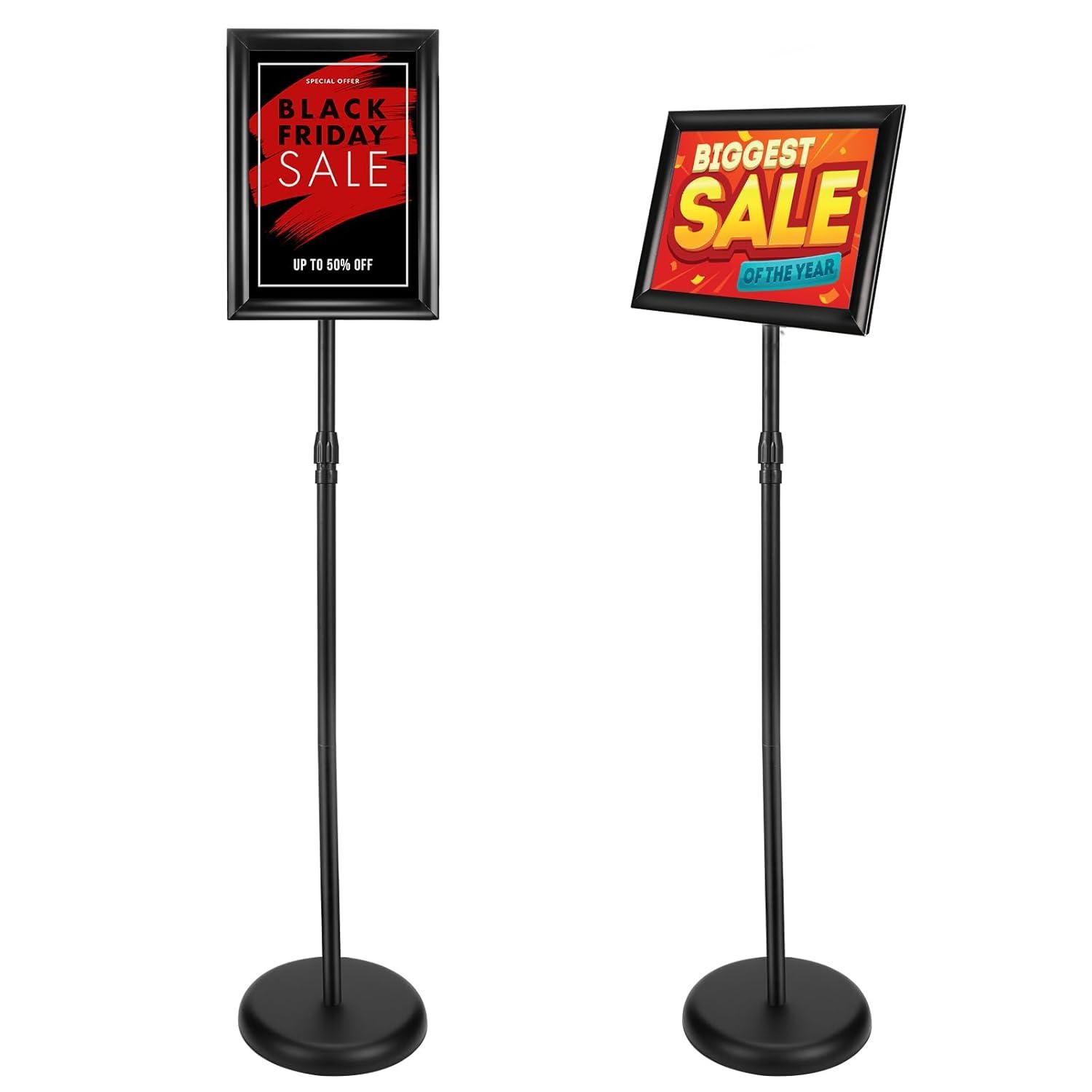 Adjustable Sign Holder Stand 8.5x11 inch,Pedestal Floor Signage Standing Holder with Heavy Duty Base, Aluminum Snap Open Frame Display for Business Restaurant, Mall,Schools-1 Pack