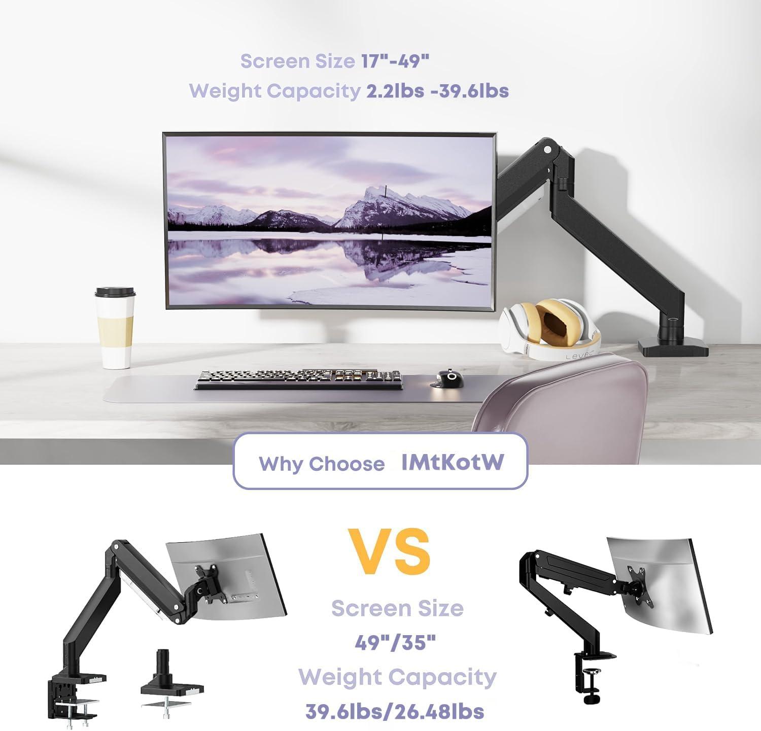Heavy Duty Monitor Arm for Ultrawide Screens up to 49 inch and 39.6lbs, Premium Aluminum Single Desk Mount Stand with Gas Spring, VESA 75x75/100x100