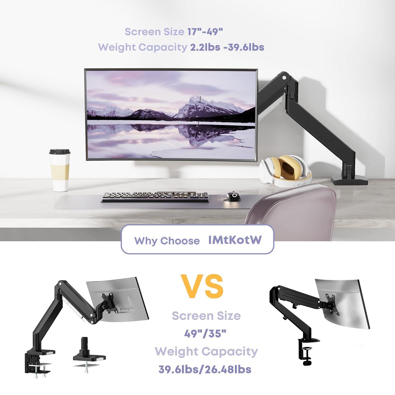 Heavy Duty Monitor Arm for Ultrawide Screens up to 49 inch and 39.6lbs, Premium Aluminum Single Desk Mount Stand with Gas Spring, VESA 75x75/100x100