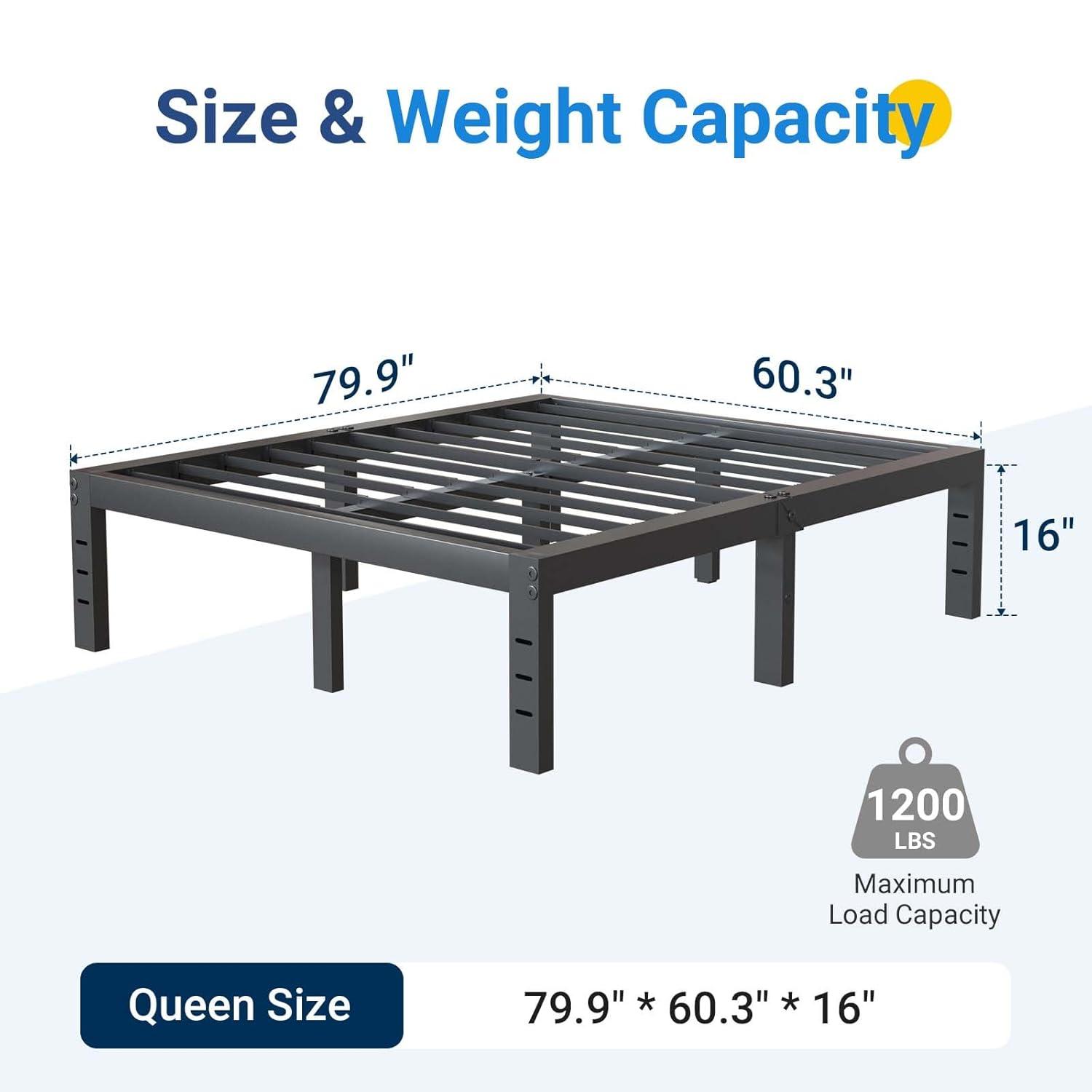 Avenco Queen Bed Frame, 16 Inch Simplicity Metal Platform Queen Size Bed Frame with Underbed Storage, No Box Spring Needed, Heavy Duty Steel Slat Support, for Bedroom, Guest Room, Easy Assembly