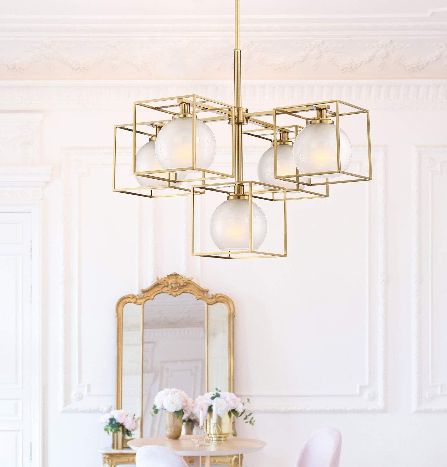 Brushed Gold Cube Frame Chandelier with Globe Shades