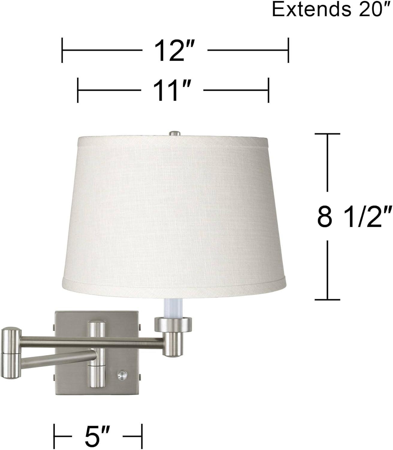 Possini Euro Design Modern Swing Arm Wall Lamp with Cord Cover Brushed Nickel Plug-In Light Fixture White Linen Shade for Bedroom