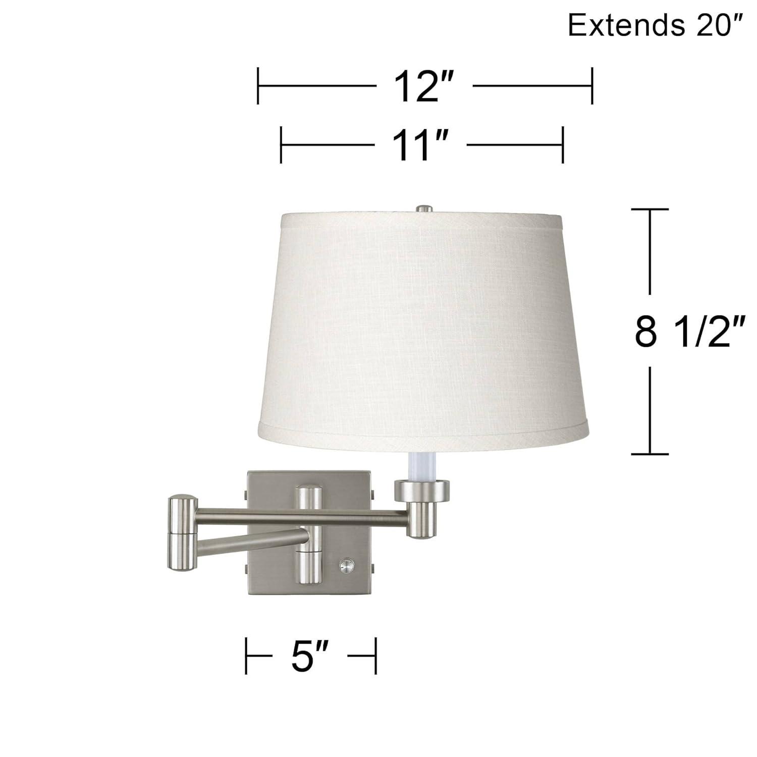 Possini Euro Design Modern Swing Arm Wall Lamp with Cord Cover Brushed Nickel Plug-In Light Fixture White Linen Shade for Bedroom