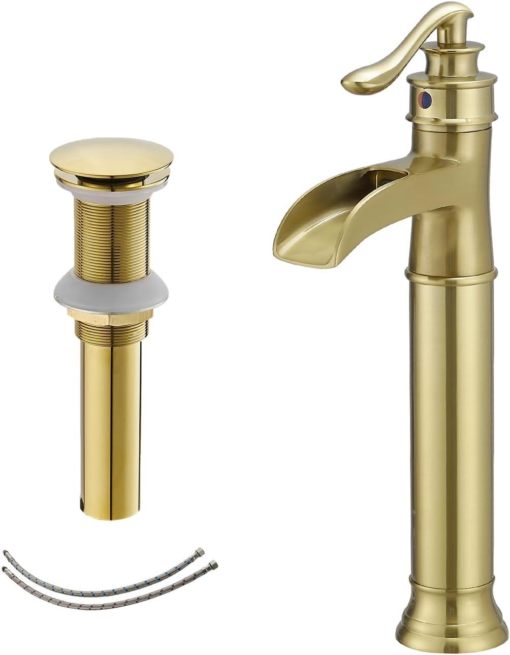 GGStudy Waterfall Single-Handle One Hole Bathroom Vessel Sink Faucet Matching Pop Up Drain Brushed Gold Farmhouse Bathroom Vanity Faucet