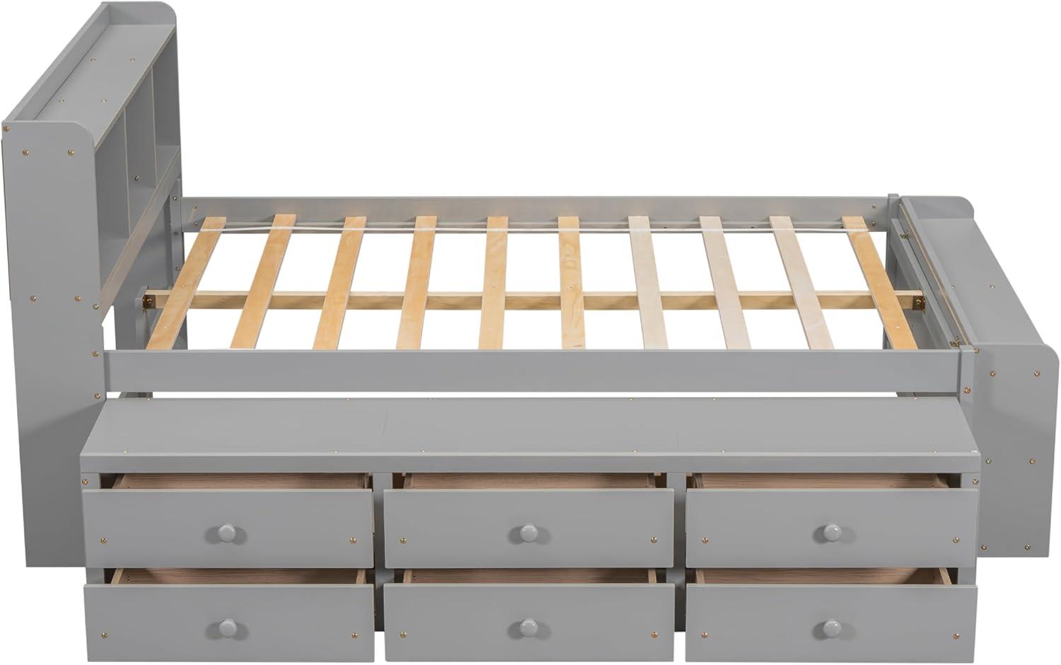 SOFTSEA Full Size Platform Bed with Drawers and Bed End Case, Wood Bed Frame with Storage Headboard, Platform Bed with Storage for Bedroom, No Box Spring Needed, Gray