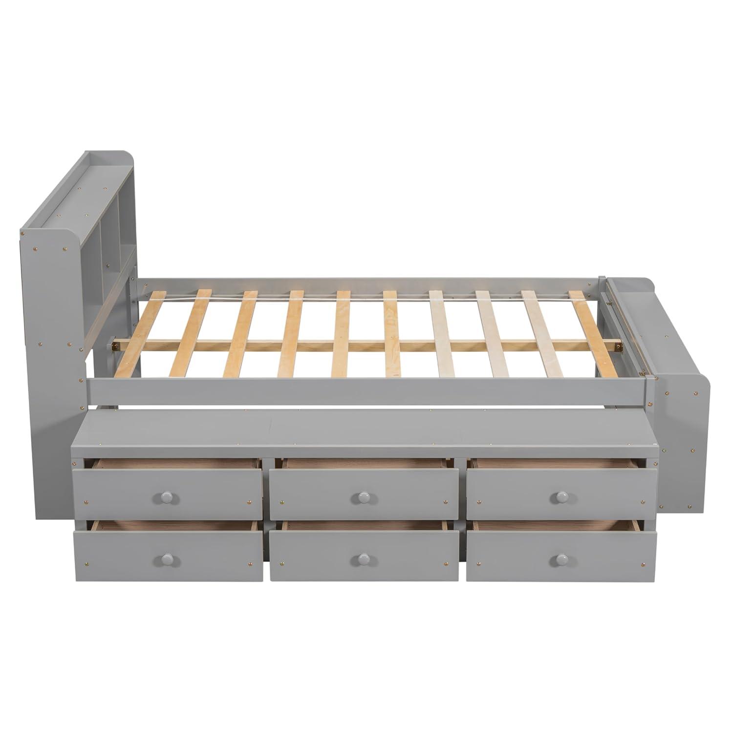SOFTSEA Full Size Platform Bed with Drawers and Bed End Case, Wood Bed Frame with Storage Headboard, Platform Bed with Storage for Bedroom, No Box Spring Needed, Gray