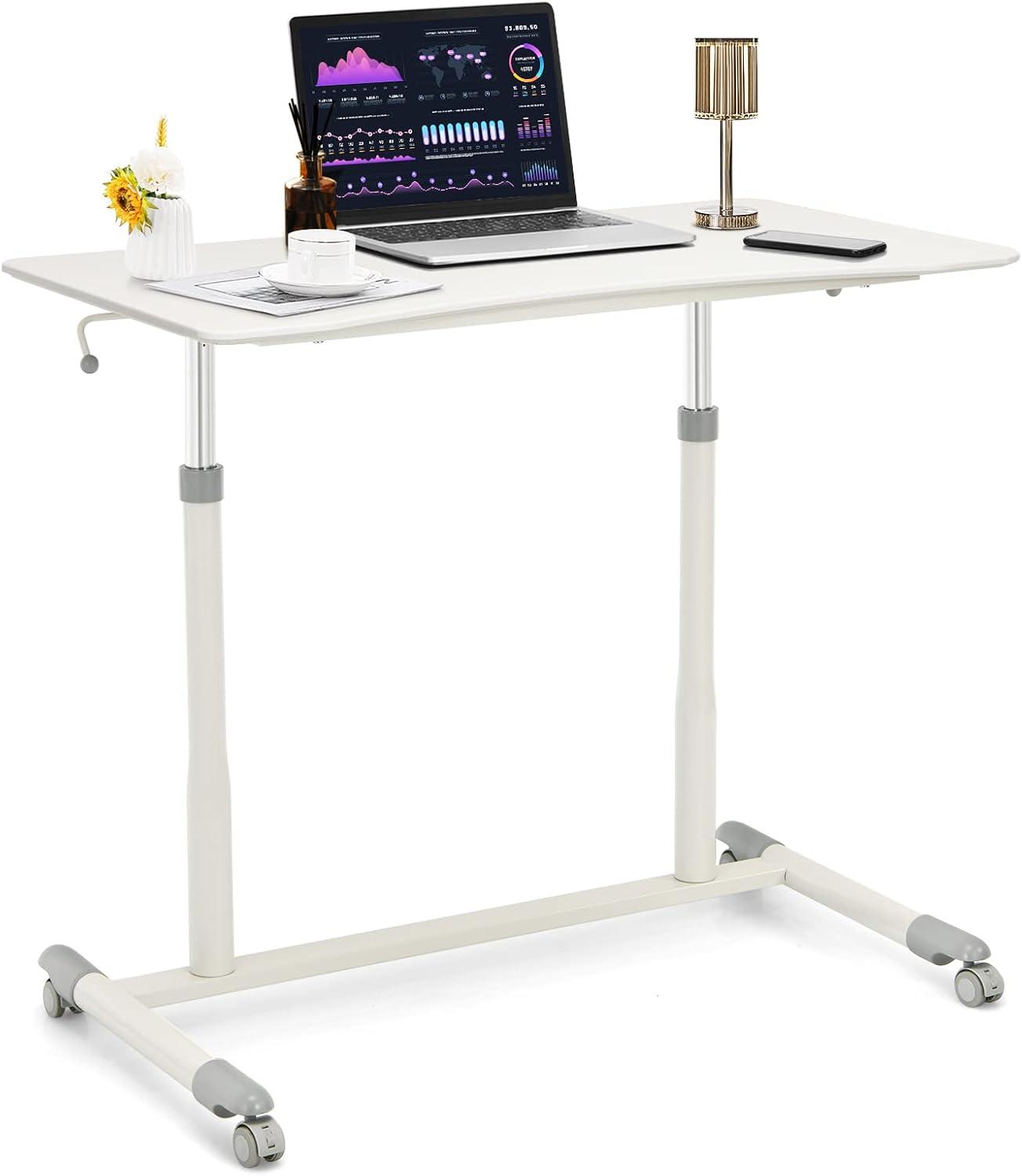 AdjustaFlex White Wood Mobile Laptop Cart with Ergonomic Height