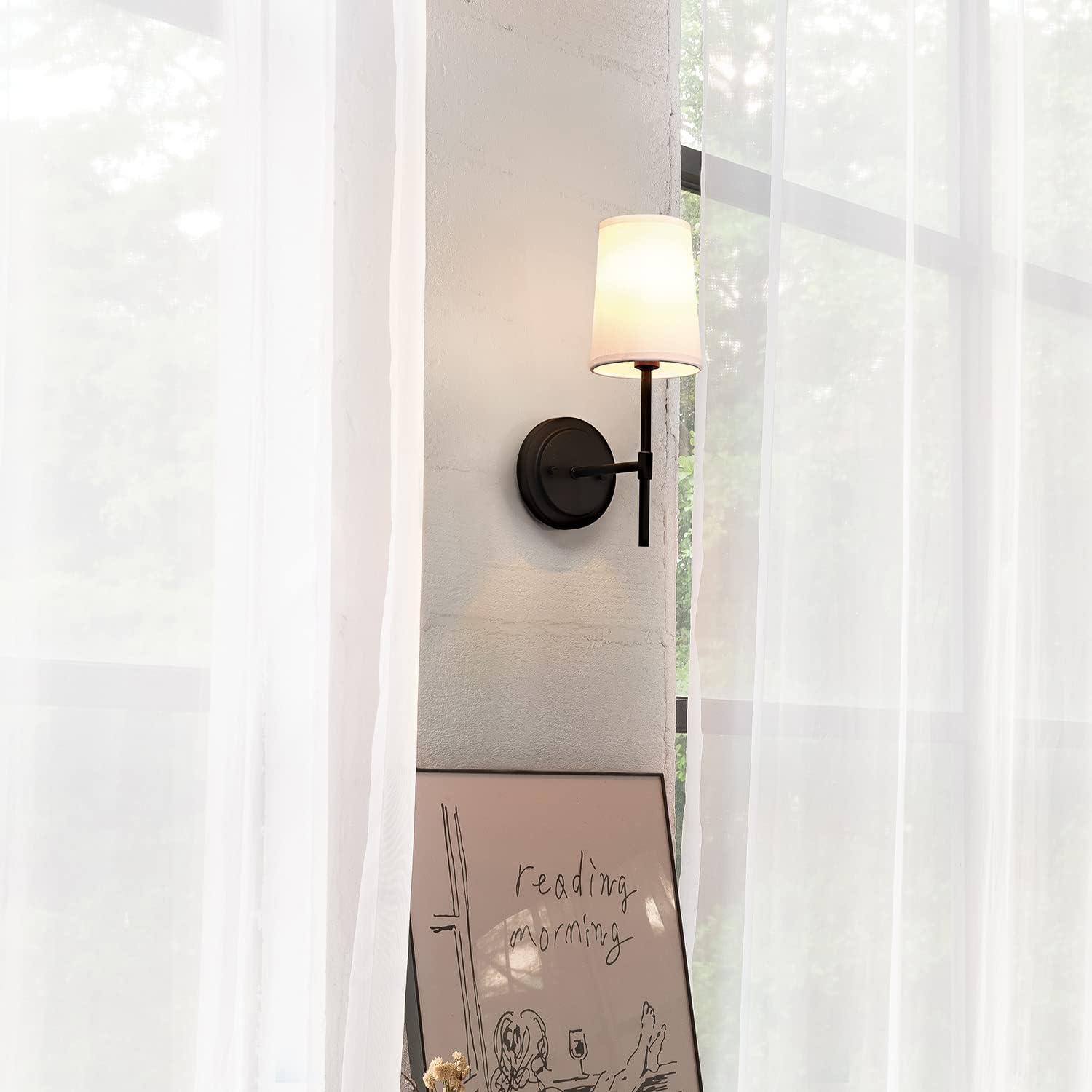 Matte Black Vintage Lantern Wall Sconce with White Fabric Shade