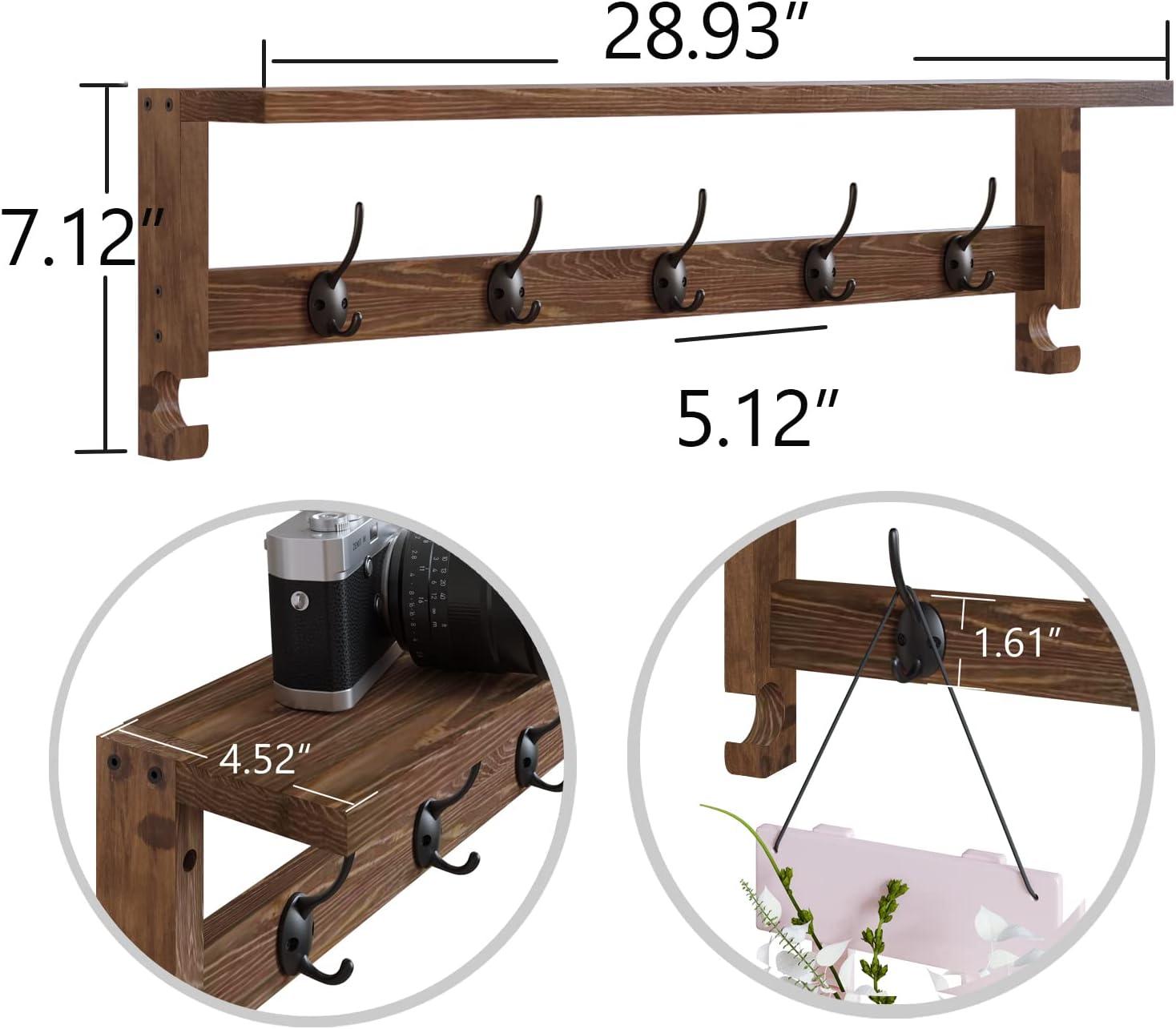 AMBIRD 28.9 Inch Length Shelf with Hooks Entryway Coat Rack Wall Mount Wood Coat Hooks with Shelf Wall-Mounted Coat Hook Rack with 5 Dual Hooks for Bathroom, Living Room, Bedroom (Brown)