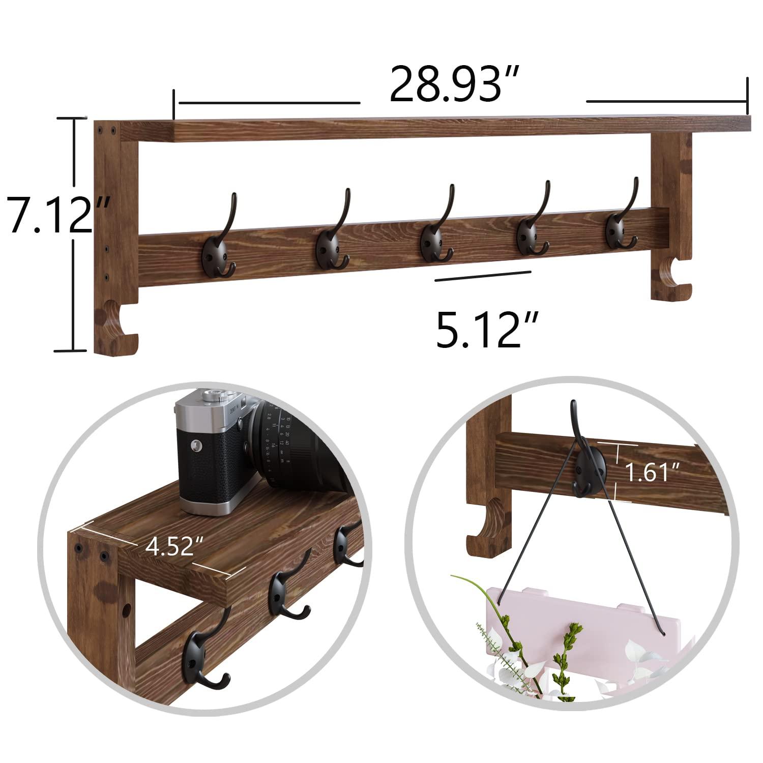 AMBIRD 28.9 Inch Length Shelf with Hooks Entryway Coat Rack Wall Mount Wood Coat Hooks with Shelf Wall-Mounted Coat Hook Rack with 5 Dual Hooks for Bathroom, Living Room, Bedroom (Brown)