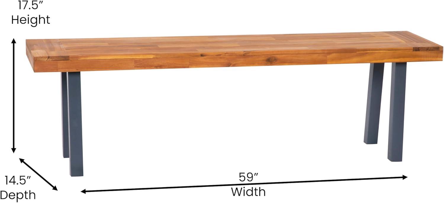 Flash Furniture Martindale Solid Acacia Wood Patio Dining Bench for 2 with Slatted Top and Black Flared Wooden Legs in a Natural Finish