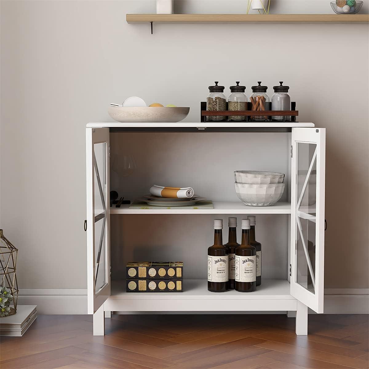 RASOO Sideboard Cabinet with Glass Doors - Buffet Storage for Home, Kitchen, Dining Room - Cupboard Console Table, Espresso (White)
