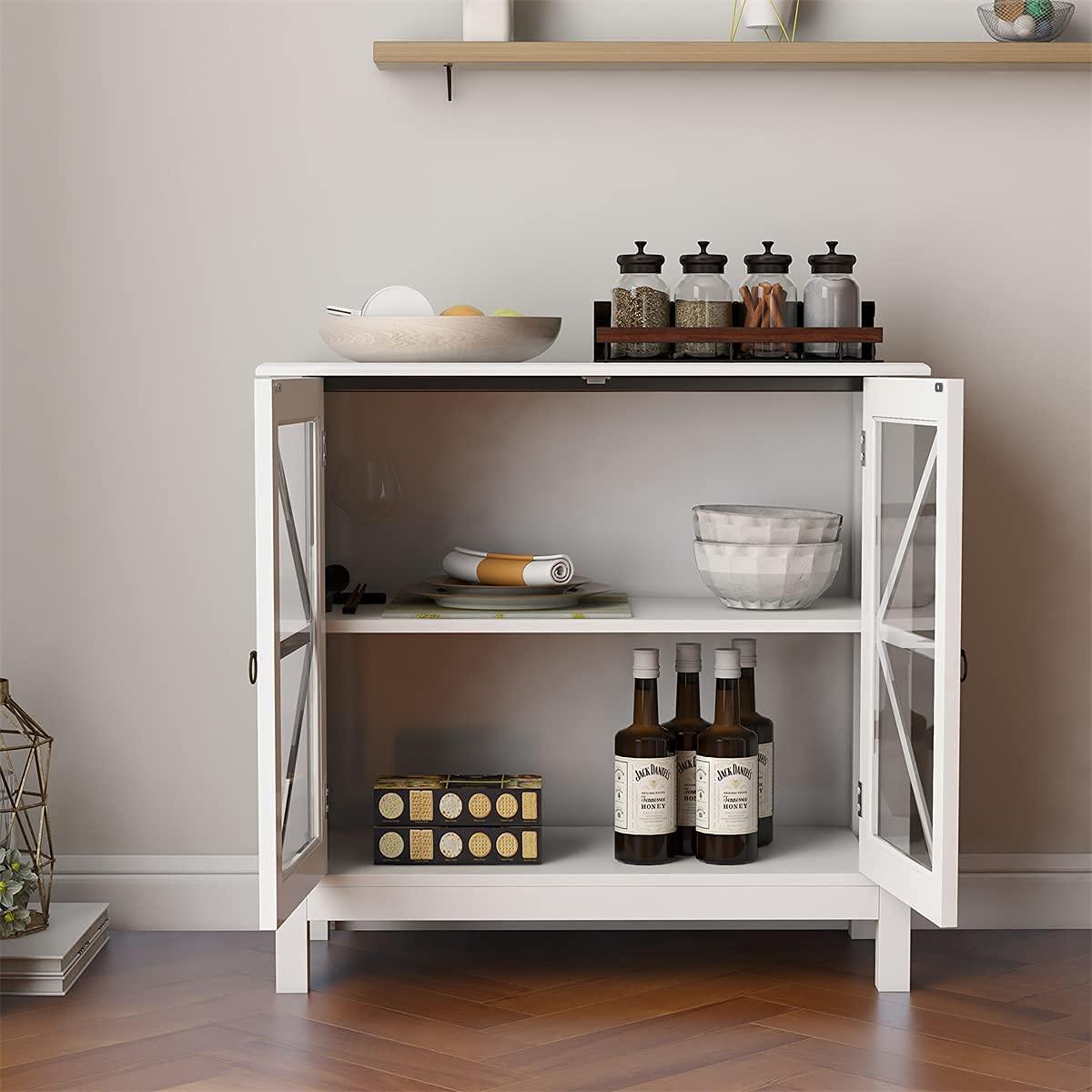 RASOO Sideboard Cabinet with Glass Doors - Buffet Storage for Home, Kitchen, Dining Room - Cupboard Console Table, Espresso (White)