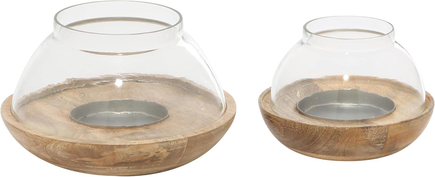 DecMode 2-Slot Brown Wood Tealight Hurricane Lamp, Set of 2