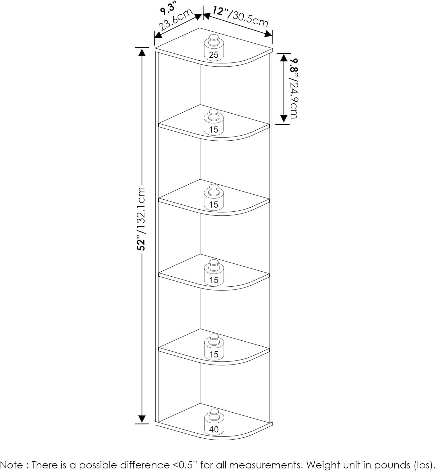 Furinno Pasir 5-Tier Corner Open Shelf Bookcase, Blackwood