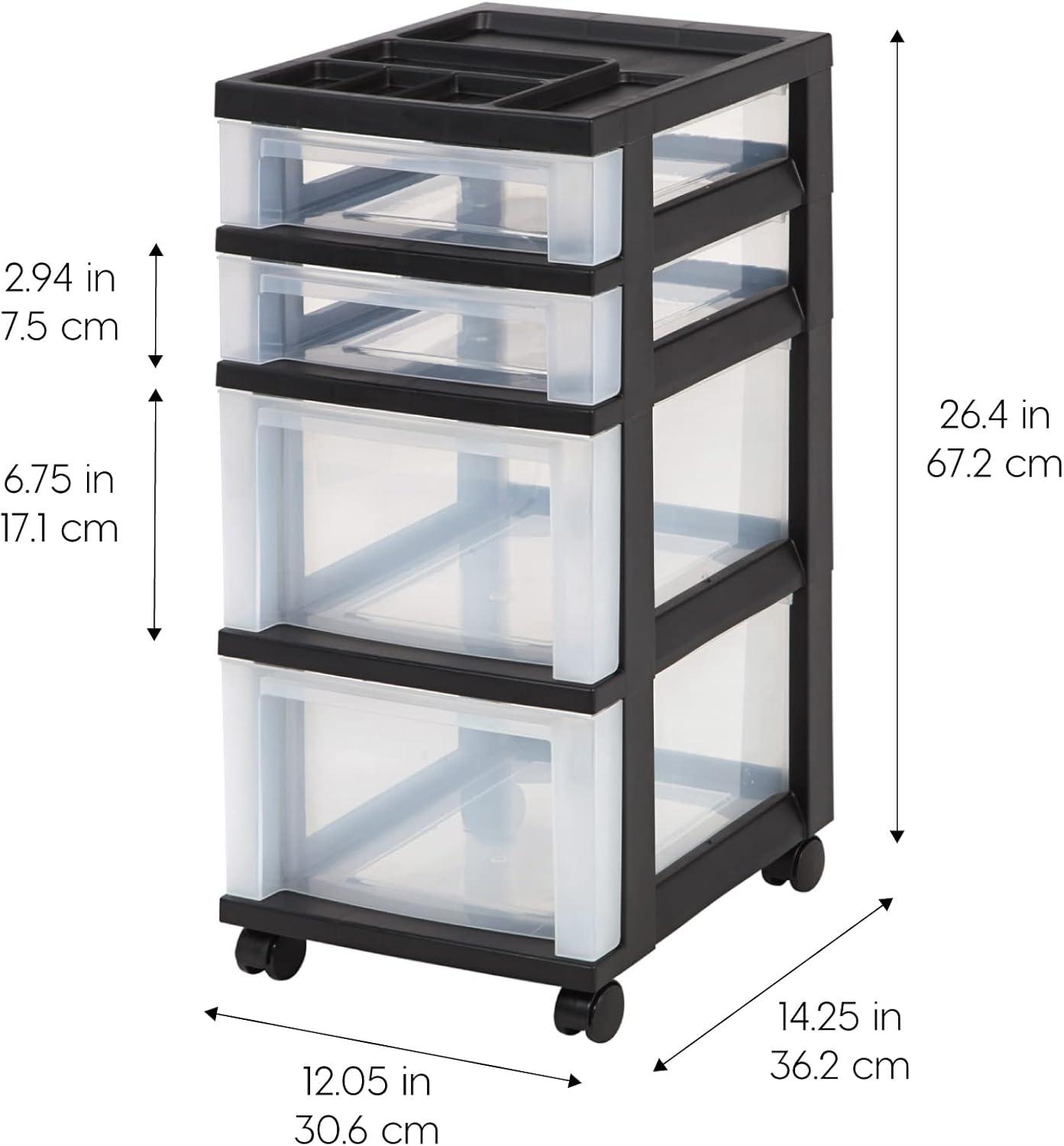 IRIS USA 4-Drawer Storage Cart with Organizer Top, Black