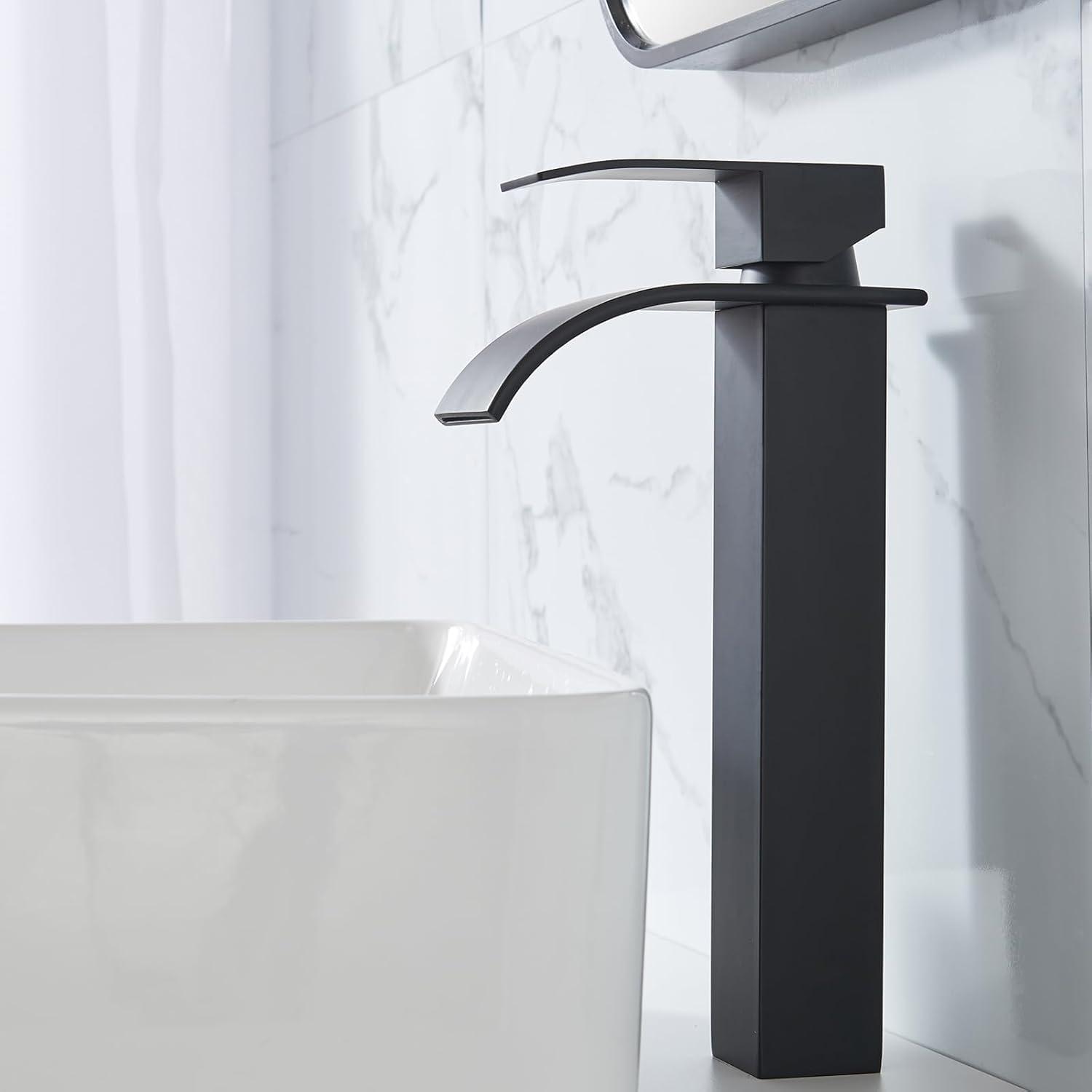 Waterfall Bathroom Faucet Single Handle，Bathroom Sink Faucet 1 Hole，Waterfall Faucet for Bathroom Sink，Vessel Sink Faucet Matte Black Tall Bathroom Faucet