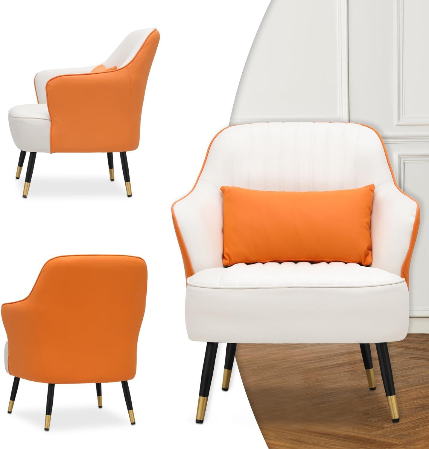 MoNiBloom Accent Chair with Pillow, Leathaire Upholstered Arm Chair Reading Chair, Modern Single Sofa Chair for Bedroom, Living Room, Orange