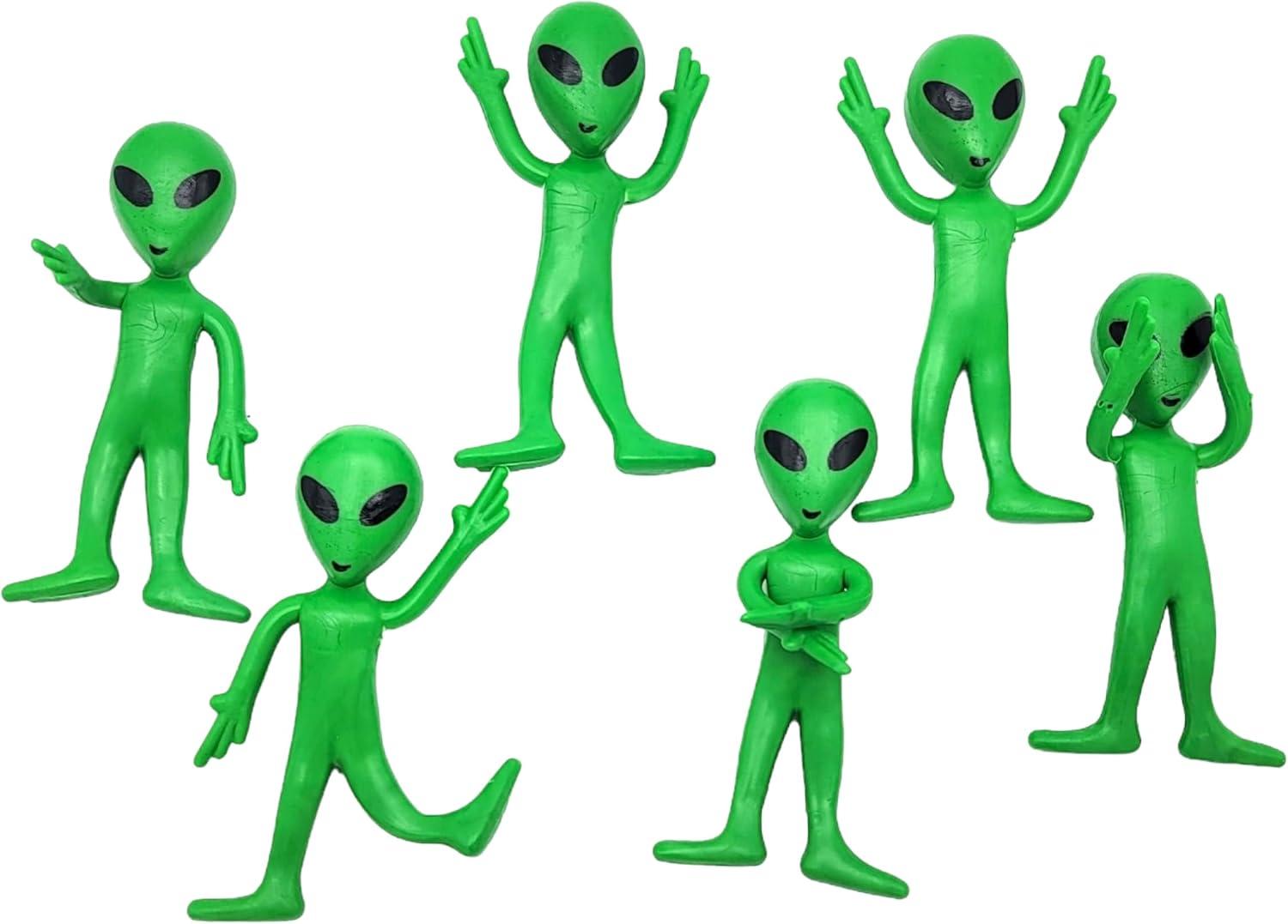 12 Pack- Bendable Rubber Green Aliens (3.75") Action Figures Bendable UFO Aliens Limbs Sensory Stress Relief Fidget Toys. Great Party Favor Trick or Treat Supplies
