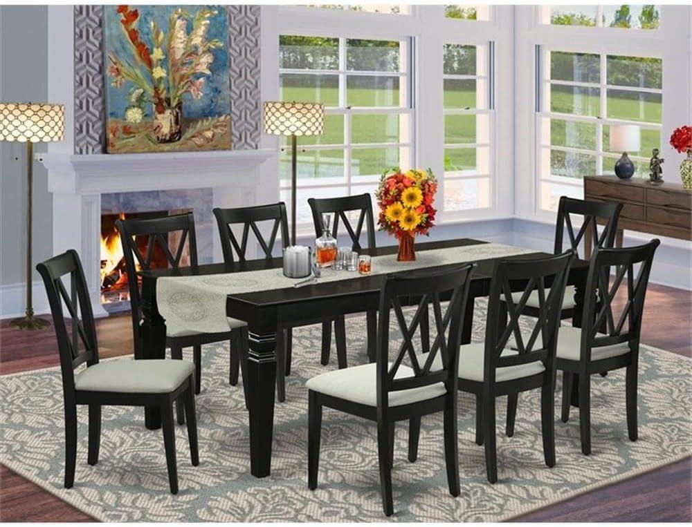 Black Rubber Wood Dining Set with Linen Seats, 9-Piece