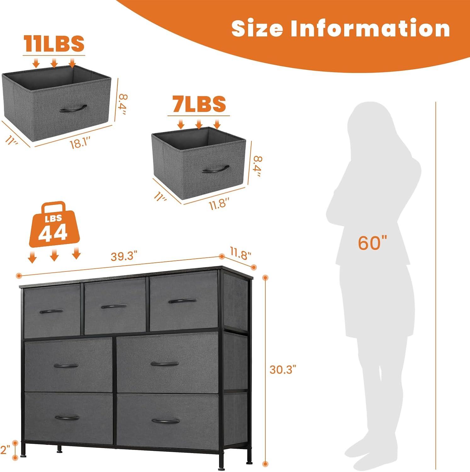 Dresser for Bedroom with 7 Drawers, Storage Organizer Units Furniture, Chest Tower TV Stand with Fabric Bins, Metal Frame, Wooden Top for Nursery, Living Room, Kidsroom, Closet, Grey