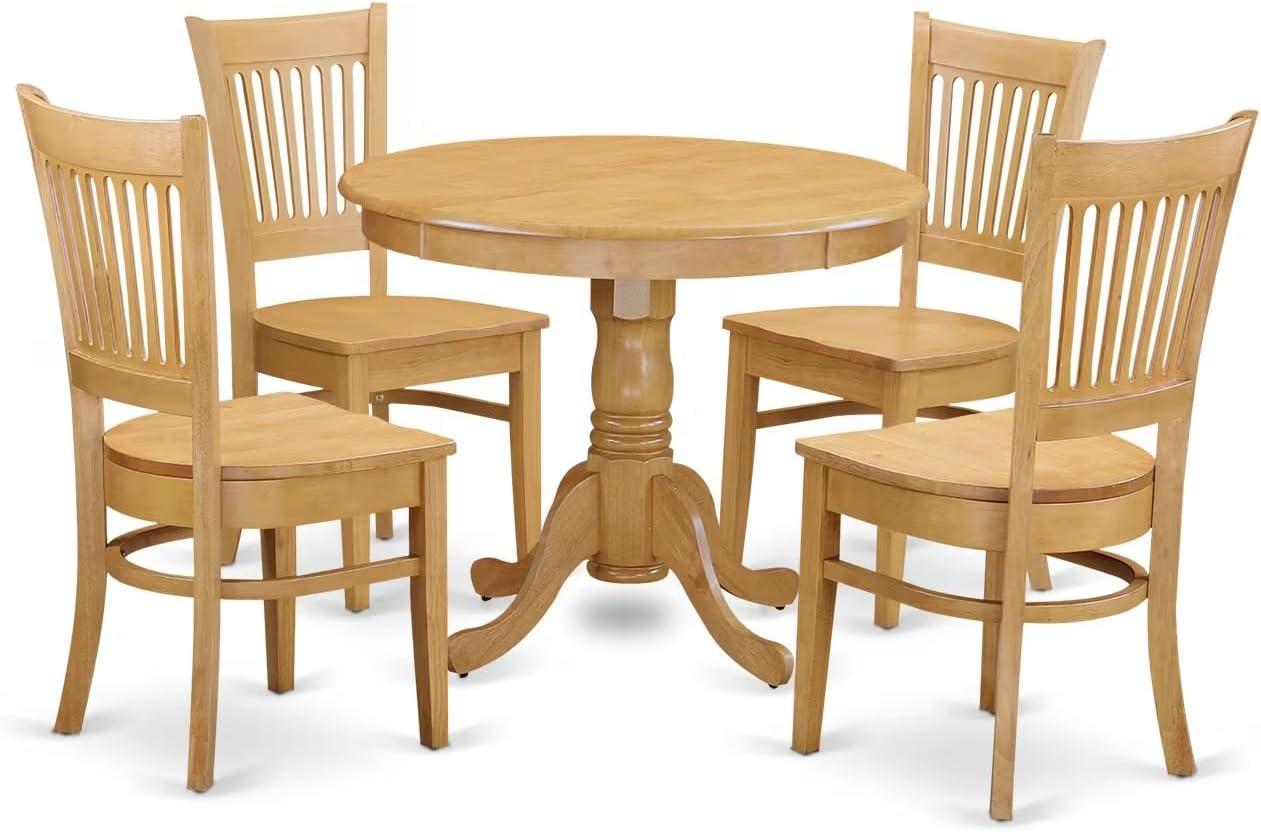Natural Oak Finish Round Dining Table with 4 High Back Chairs