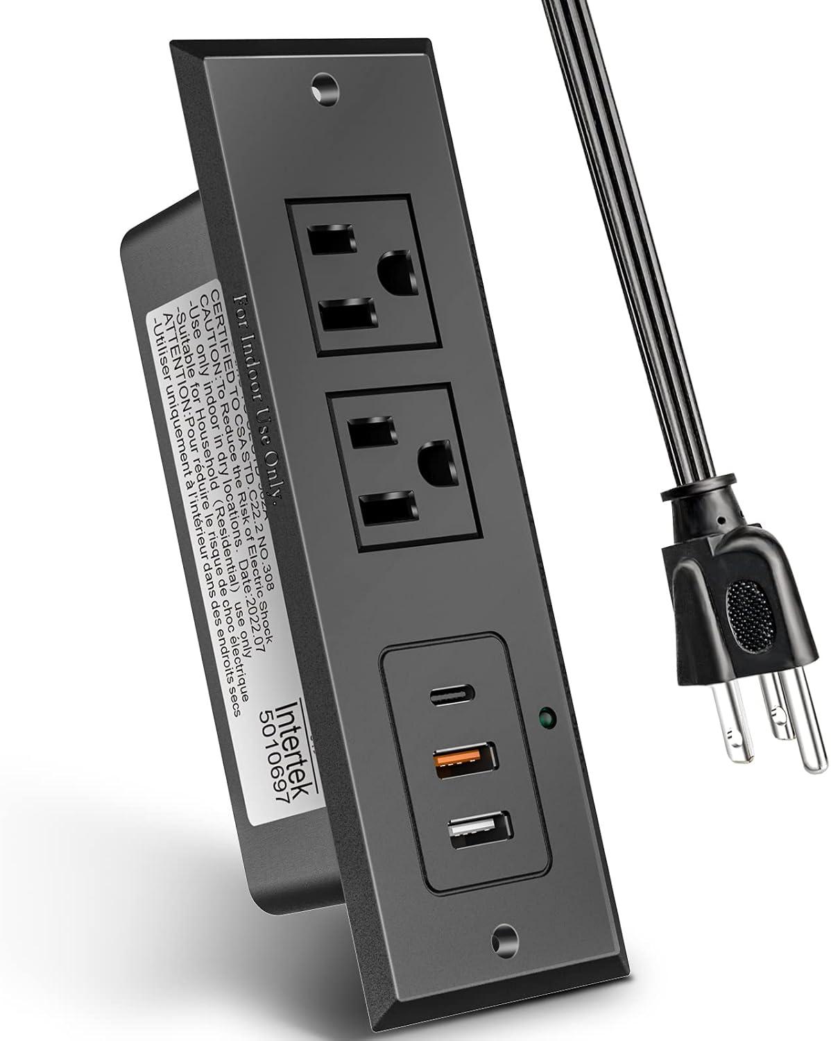 Black Recessed Power Strip with USB-C Fast Charging