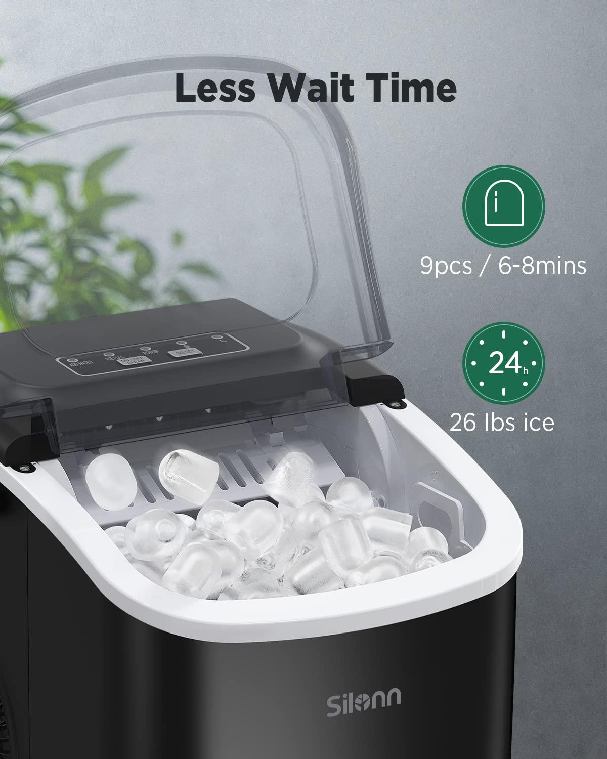 Silonn Countertop Ice Maker, 9 Cubes Ready in 6 Mins, 26lbs in 24Hrs, Self-Cleaning Ice Machine with Ice Scoop and Basket, 2 Sizes of Bullet Ice for Home Kitchen Office Bar Party, Black
