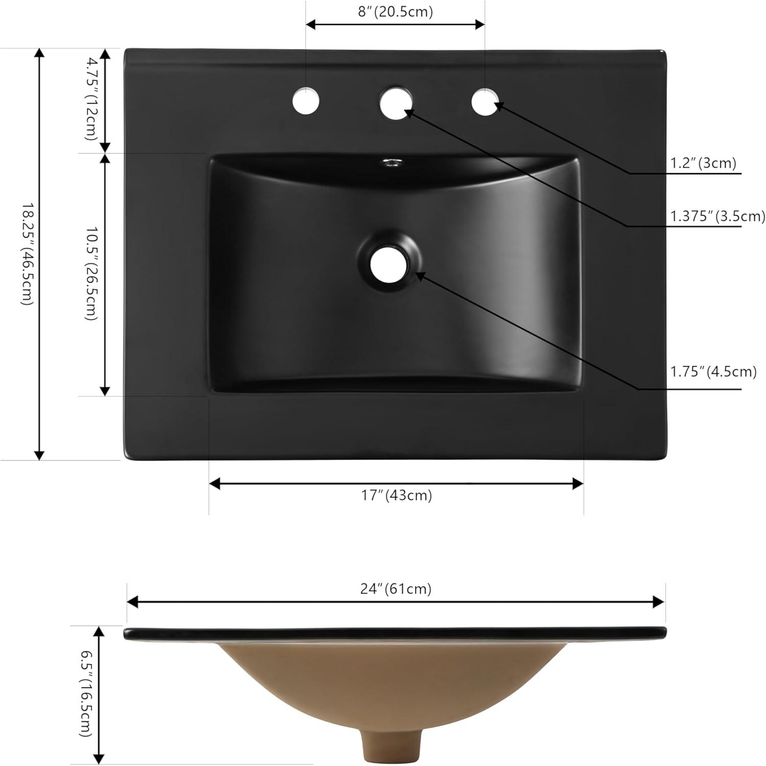Ancillary 3-Hole 24" Classic Contemporary Rectangular Ceramic Single Sink Basin Vanity Top