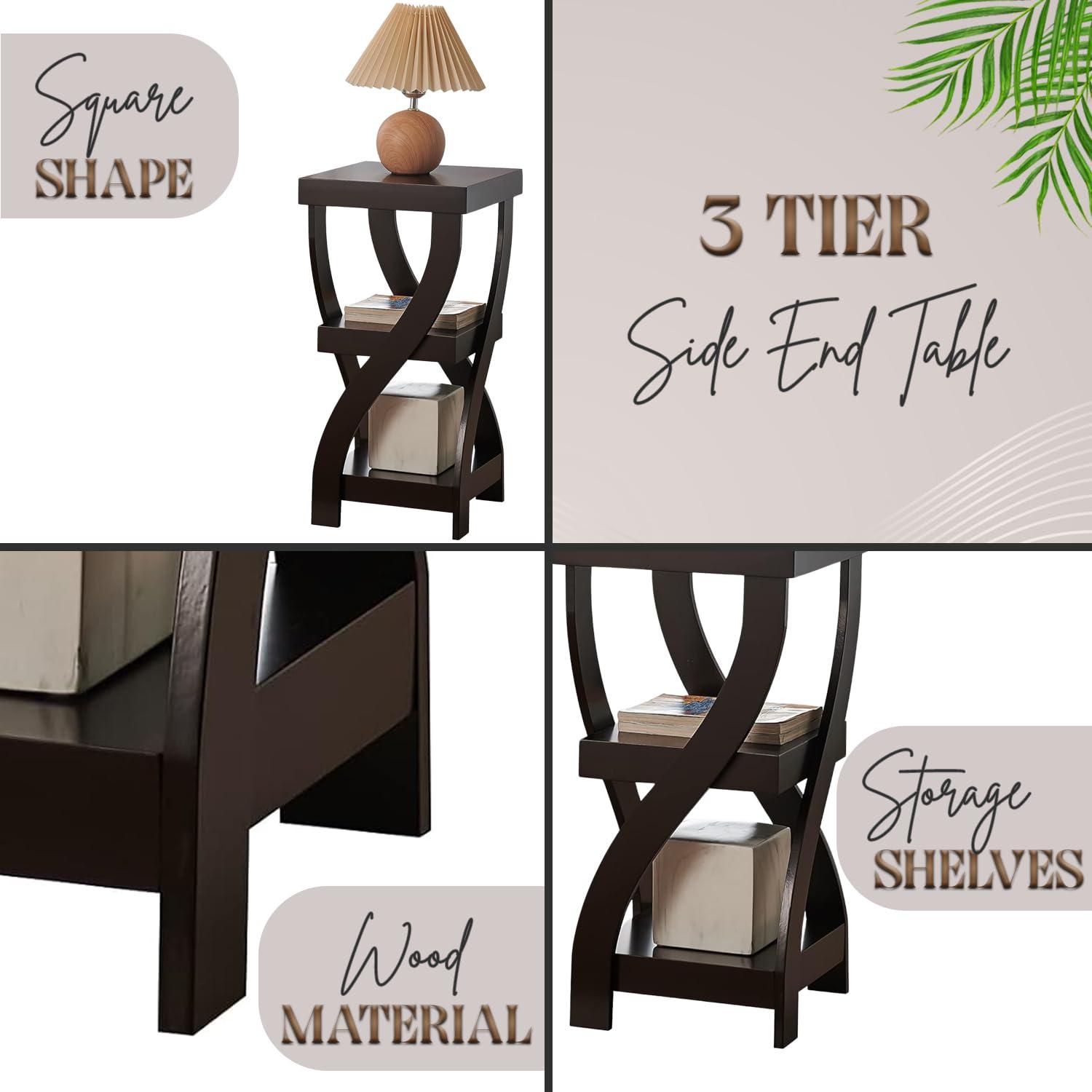 Kings Brand Furniture 3-Tier Wooden End Table with Shelves - Square Nightstand for Bedroom or Bookshelf - Espresso