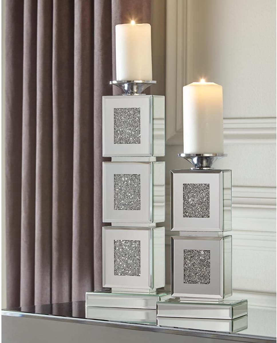 Charline Contemporary Silver Beaded Glass Candle Holder Set