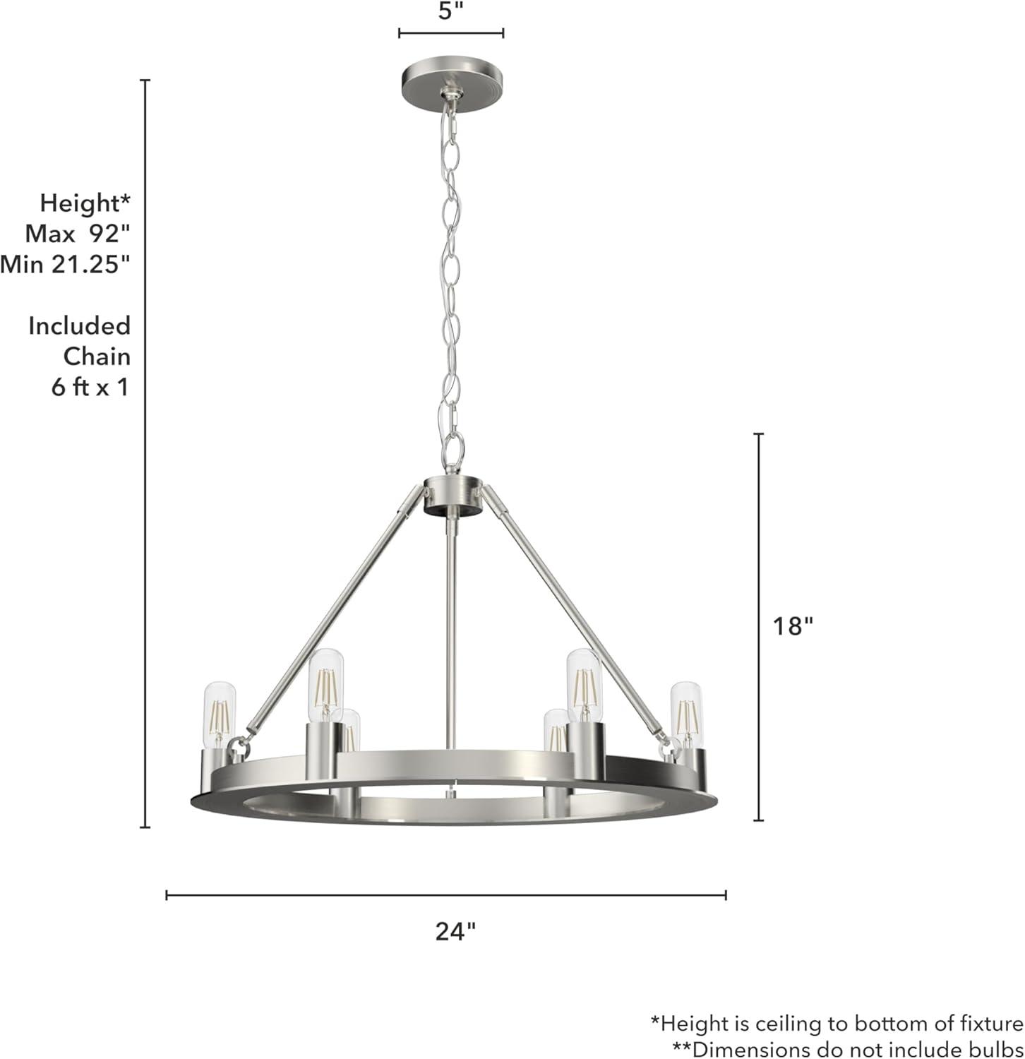 Hunter - Saddlewood 6-light Brushed Nickel, Large Chandelier, Dimmable, Casual Style, Wagon Wheel Shaped, for Bedrooms, Kitchens, Dining, Living Rooms - 19034